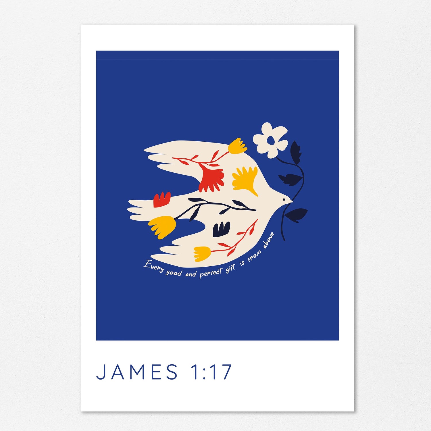 Faithful home wall art, dove with flower, "Perfect gift" Bible print, Grace-filled scripture decor, James 1:17 quote, dove and blue backdrop