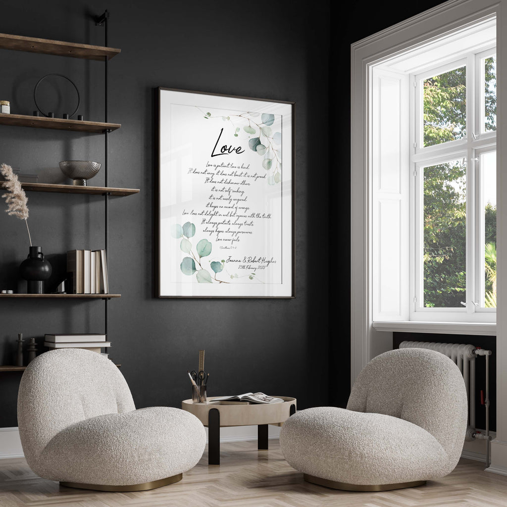 Love is patient, love is kind custom print, Botanical design with 1 Corinthians 13, Christian wall art
