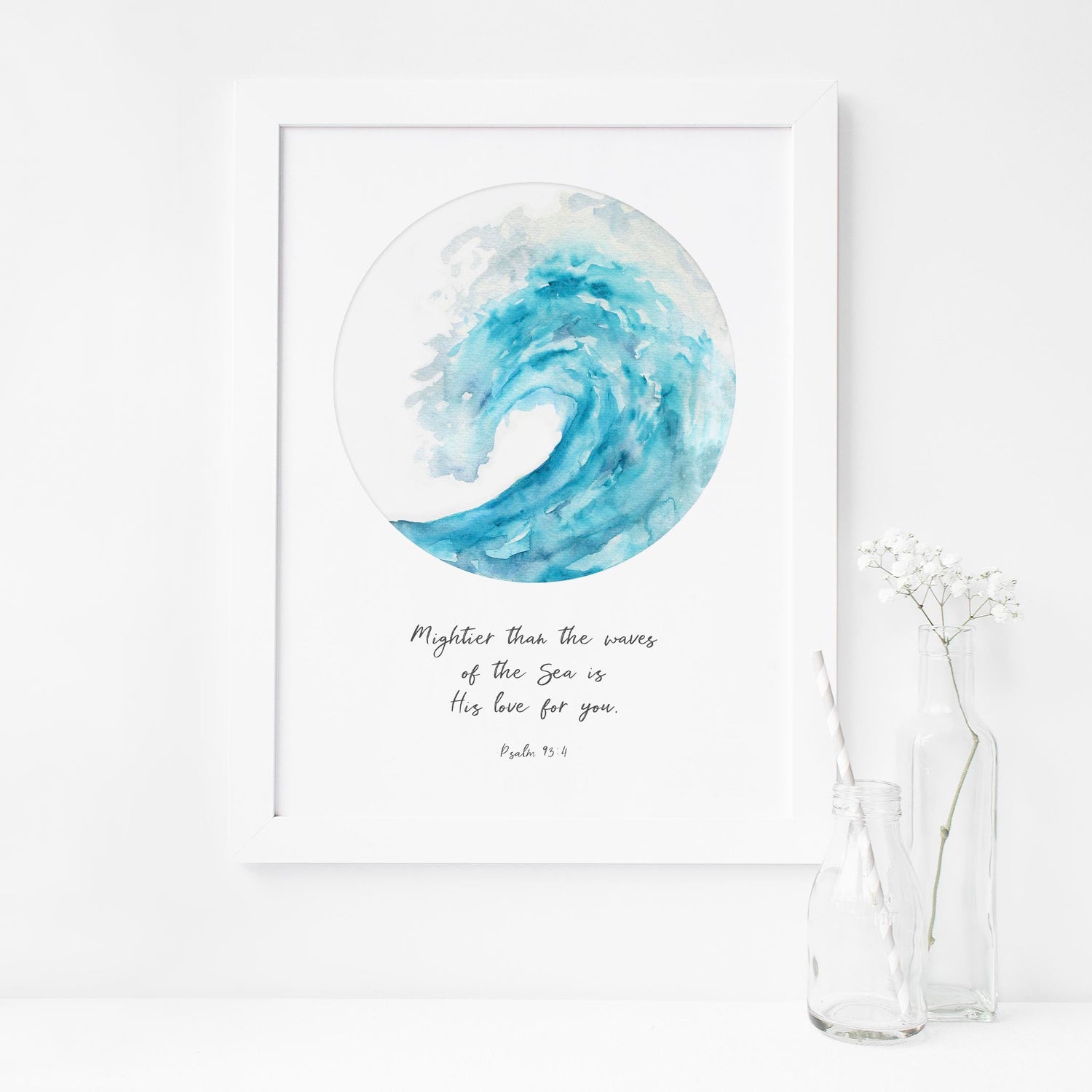 Turquoise Psalm 93:4 Bible Verse Print with Watercolour Wave, Inspirational Turquoise Wave Bible Verse Print, custom quote print