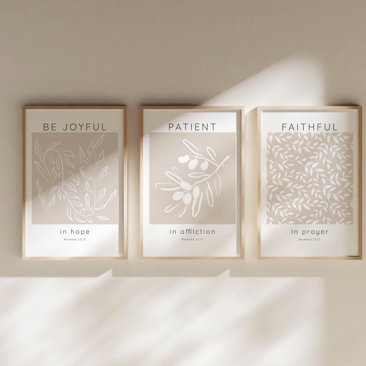 Be Joyful in Hope Scripture Wall Decor, Romans 12 Modern Bible Verse, Beige and White Botanical Prints with Romans 12:12 Quotes