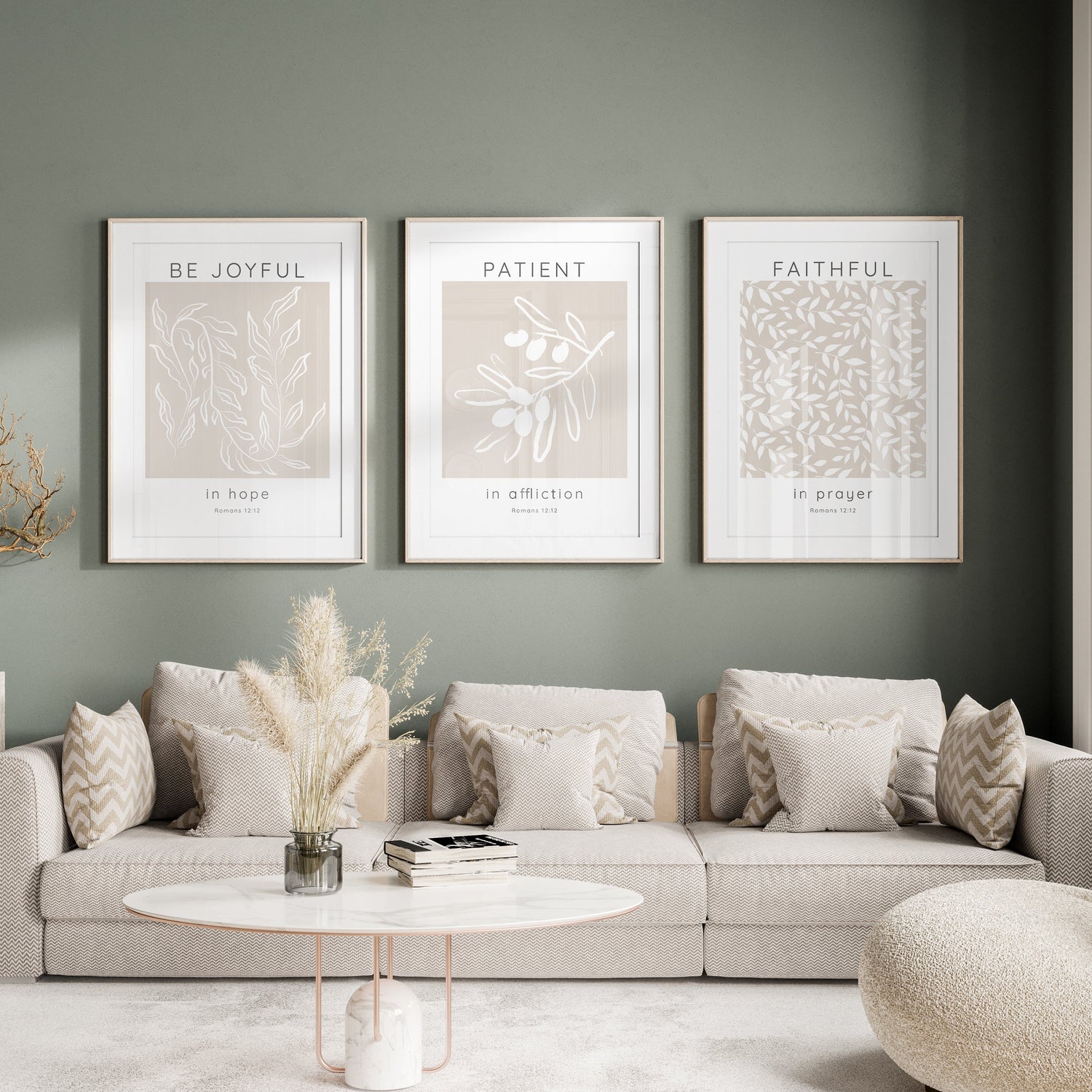 Three-Piece Beige and White Romans 12:12 Art Set, Biblical Inspirational Prints with Botanical Accents, Modern Scripture Three-Panel Prints