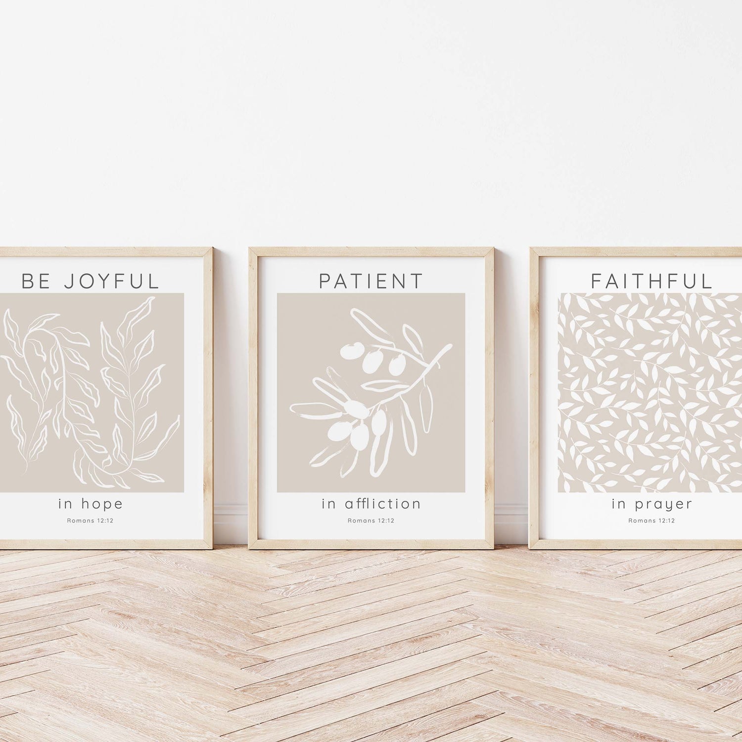 Botanical Leaf Motif Wall Art with Romans 12:12, Christian Scripture Wall Decor in Neutral Colors, Patient in Affliction Romans 12:12 Art
