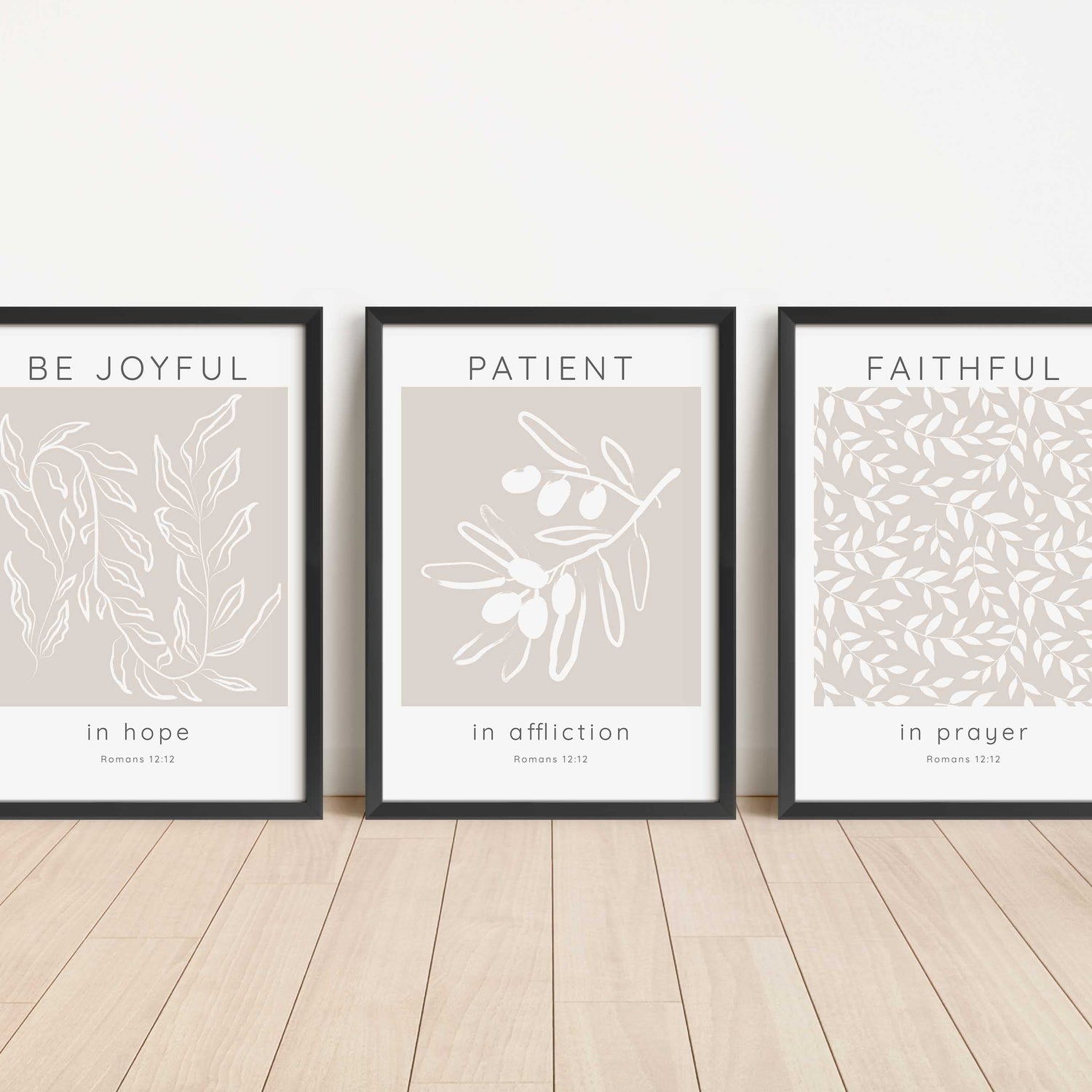 Patient in Affliction Romans 12:12 Art Prints, Neutral Tone Christian Art Trio with Biblical Verses