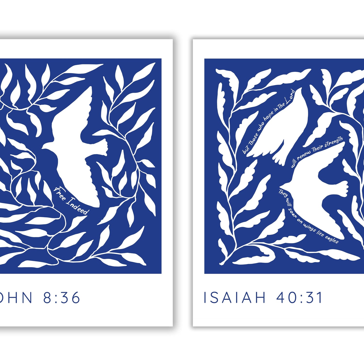 Contemporary Christian decor featuring Isaiah 40:31 and John 8:36, Elegant Bible verse prints for modern homes – Birds on blue back
