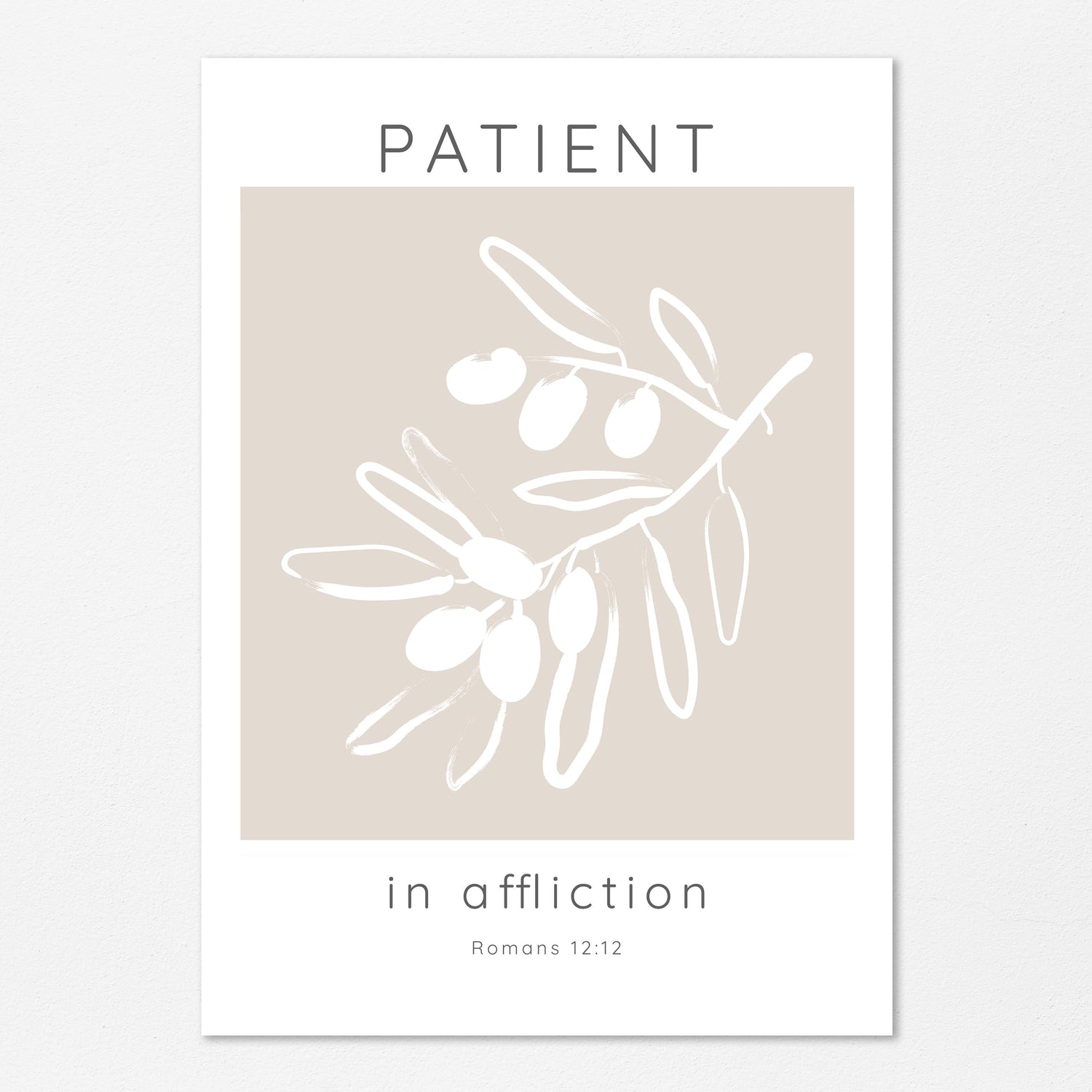Neutral Tones Beige White Bible Verse Print, Romans 12:12 Olive Tree Scripture Art, Minimalist Christian Home Art