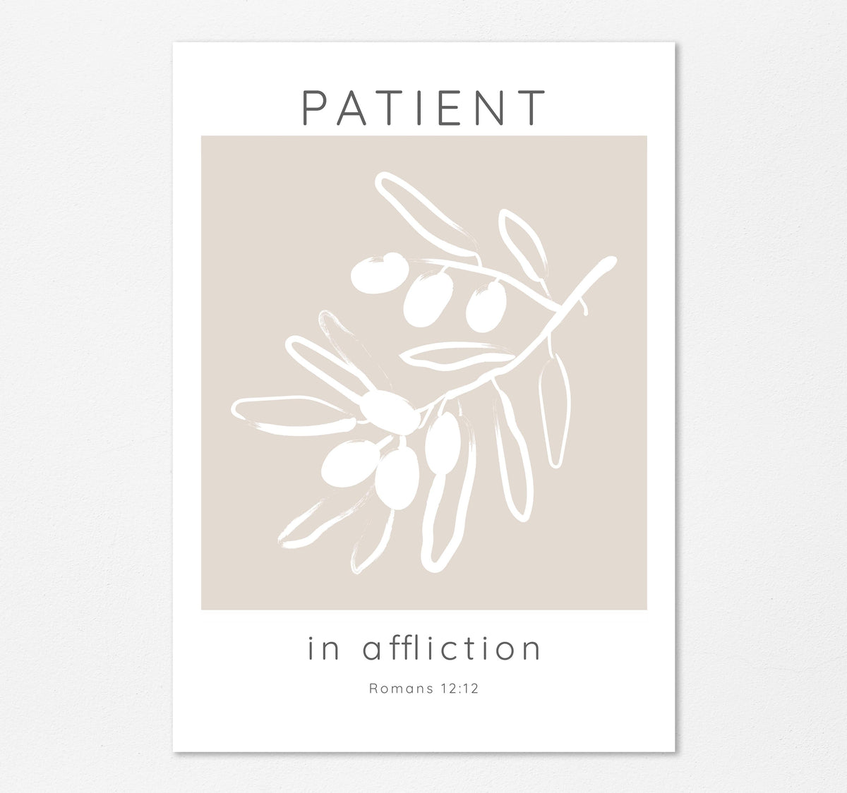 Neutral Tones Beige White Bible Verse Print, Romans 12:12 Olive Tree Scripture Art, Minimalist Christian Home Art
