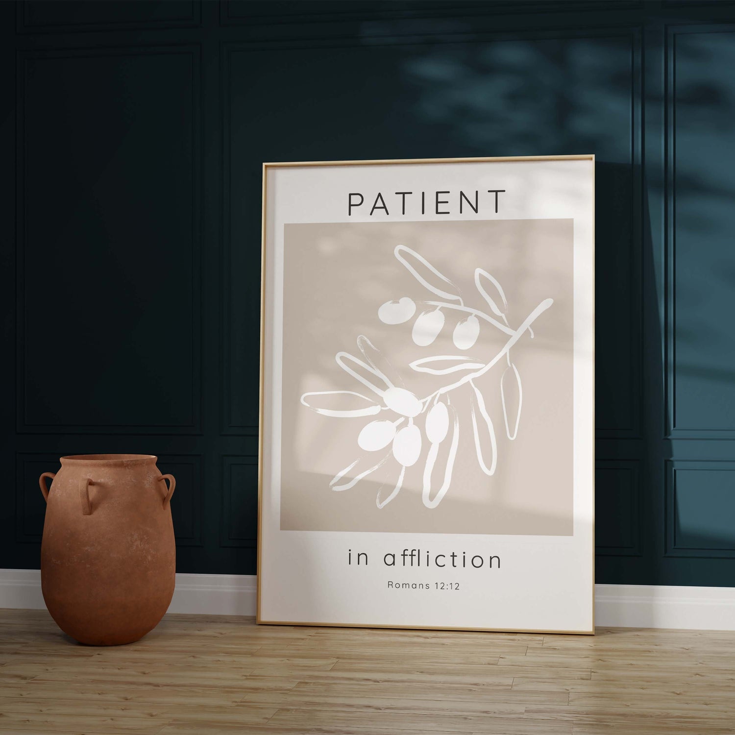 Patient in Affliction Bible Verse Print, Romans 12 Modern Scripture, Abstract Olives Bible Verse Wall Decor