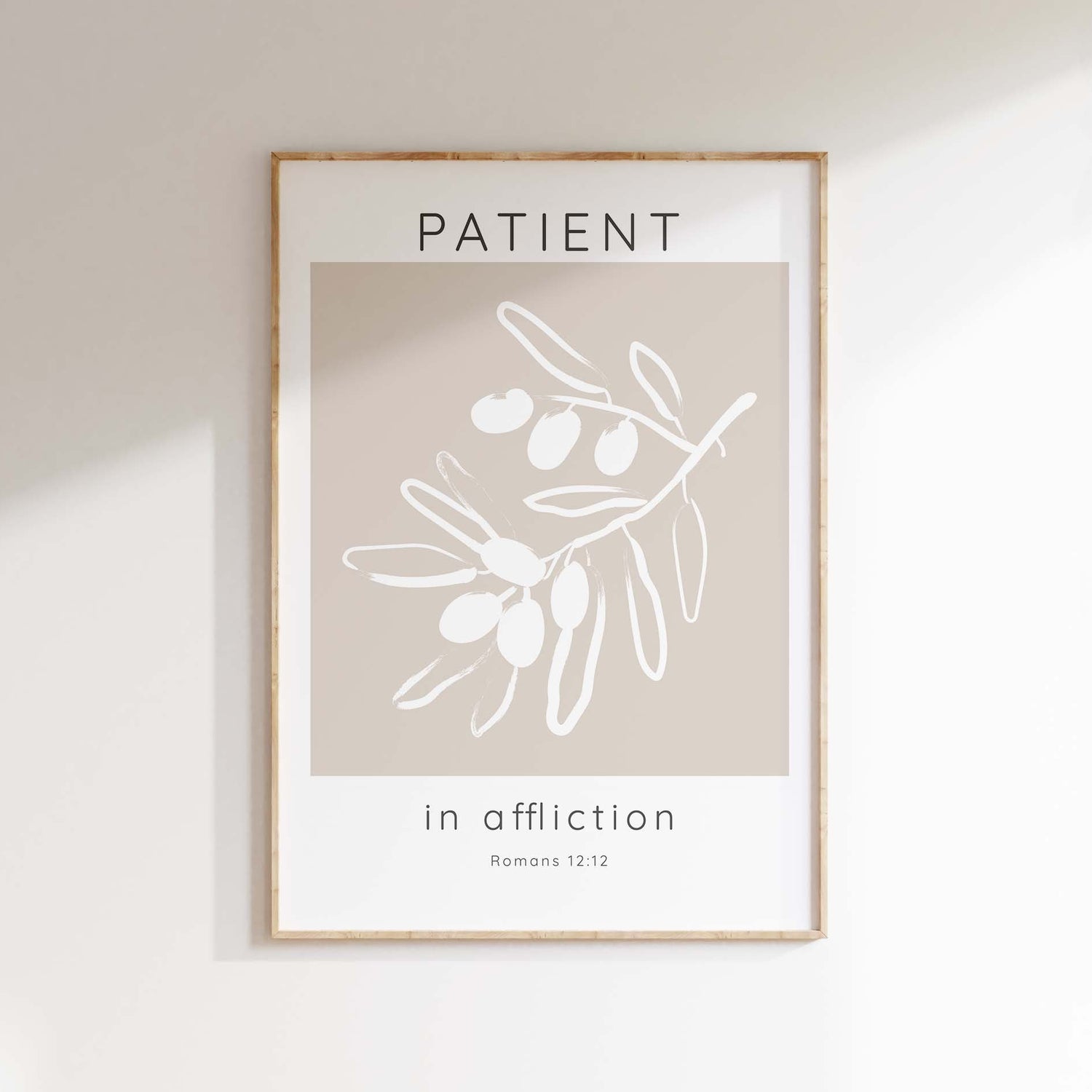 Patient in Affliction Bible Verse Print, Romans 12 Modern Scripture, Abstract Olives Bible Verse Wall Decor