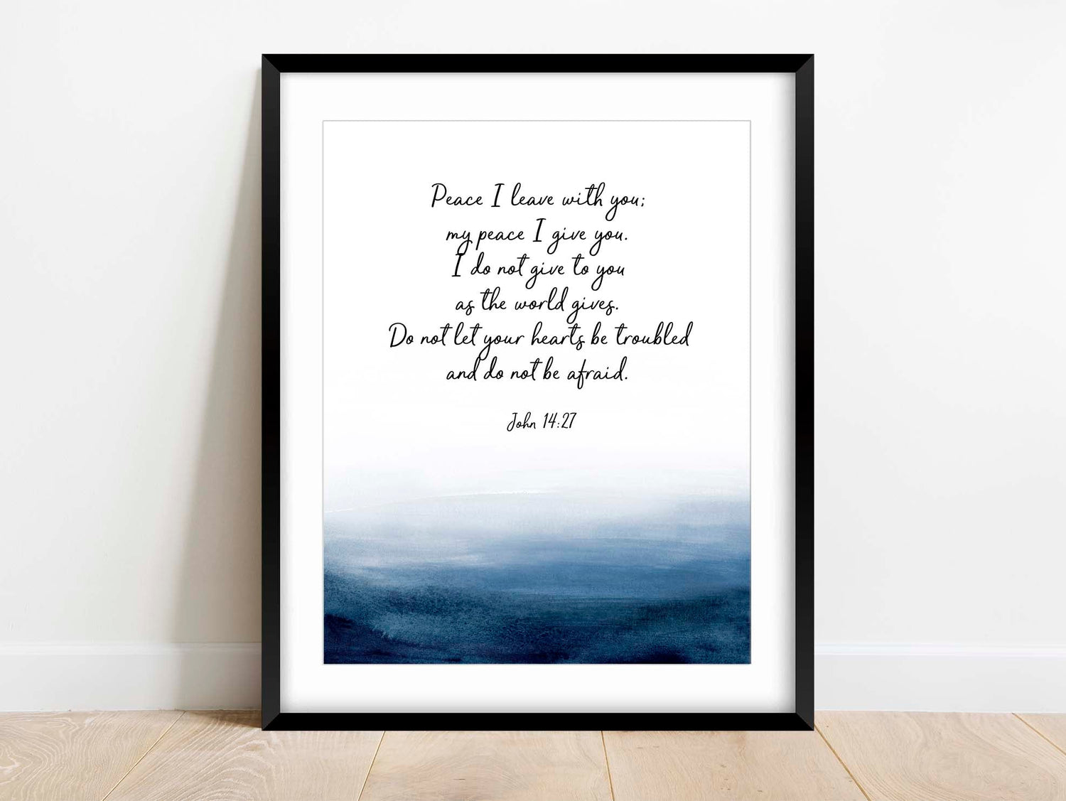 Deep blue watercolor Bible verse wall decor, Christian art with John 14:27 for spiritual reflection, Nautical peace scripture print