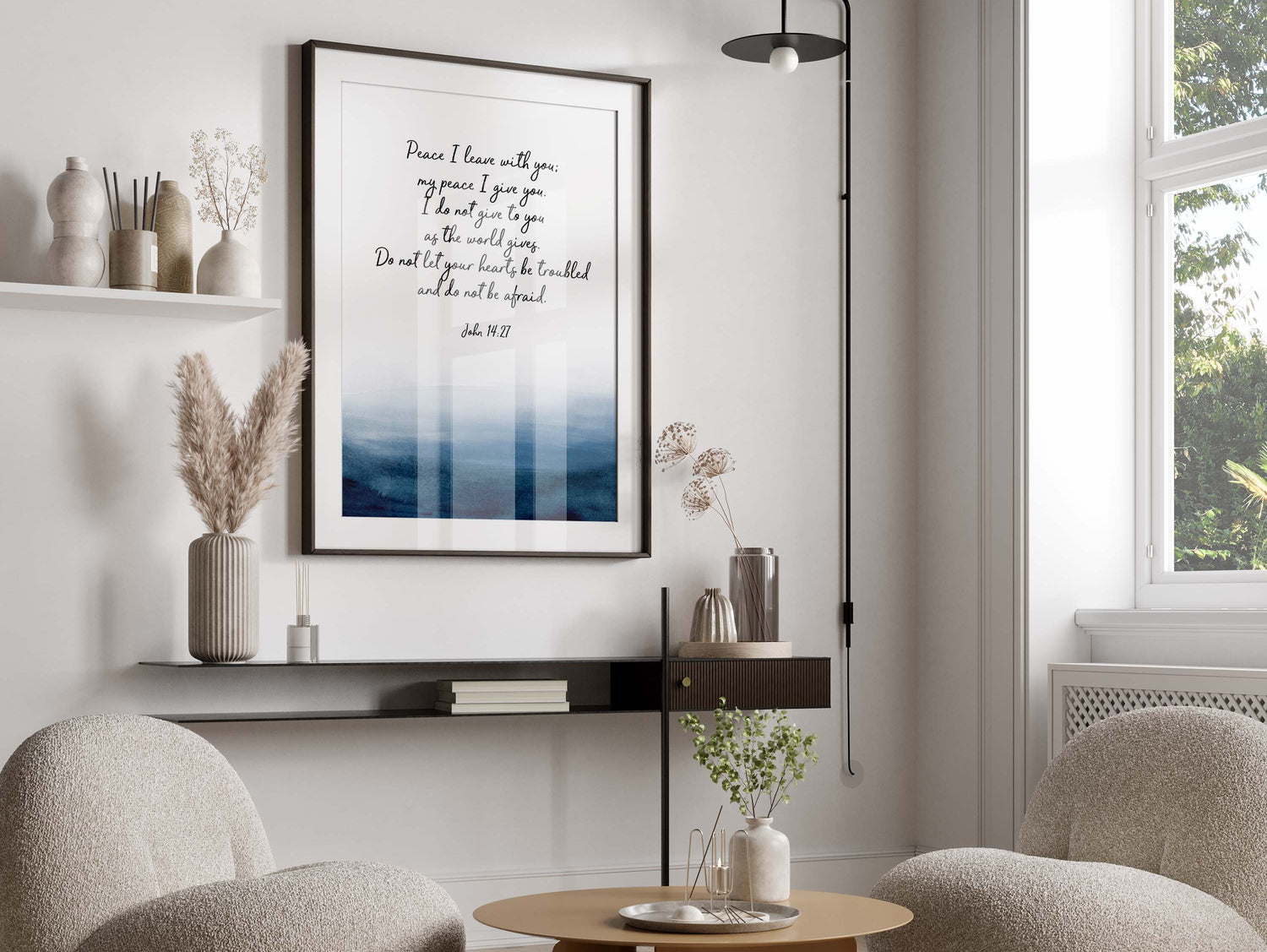 Inspirational Christian artwork for troubled hearts, Tranquil ocean-themed peace quote print, blue watercolor Bible verse wall art