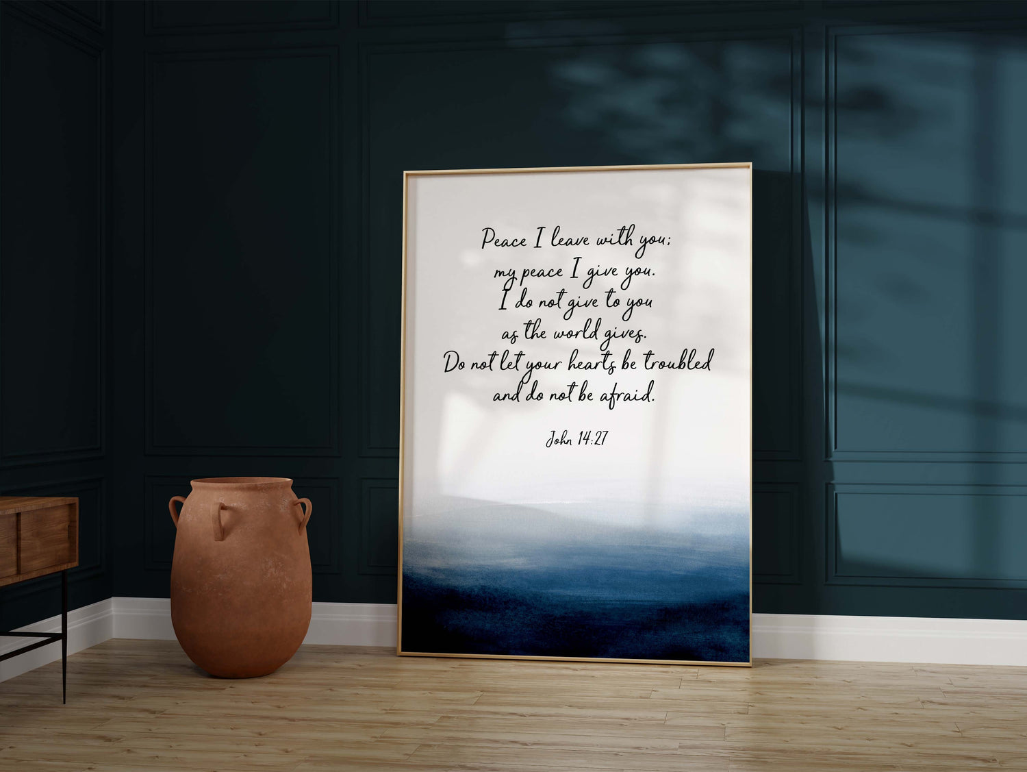 Encouraging John 14:27 verse abstract, Faith-inspired wall art with indigo watercolor design, John 14:27 Peaceful scripture wall print