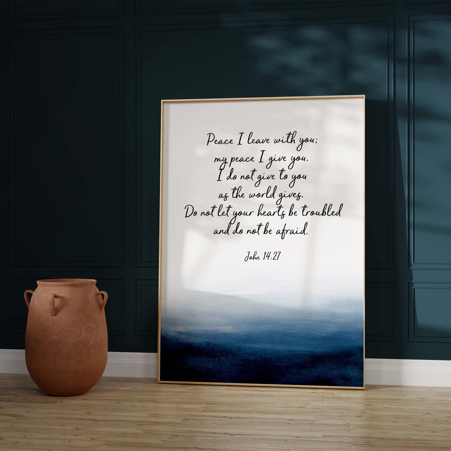 Encouraging John 14:27 verse abstract, Faith-inspired wall art with indigo watercolor design, John 14:27 Peaceful scripture wall print