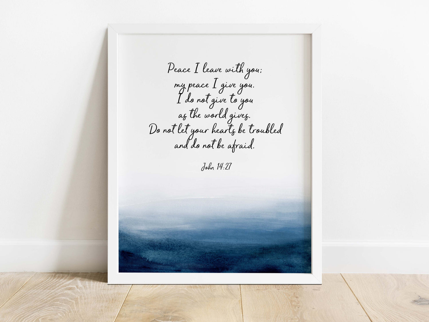 Serene indigo watercolor motif with biblical message, Calming ocean-themed Christian wall decor, Encouraging John 14:27 verse