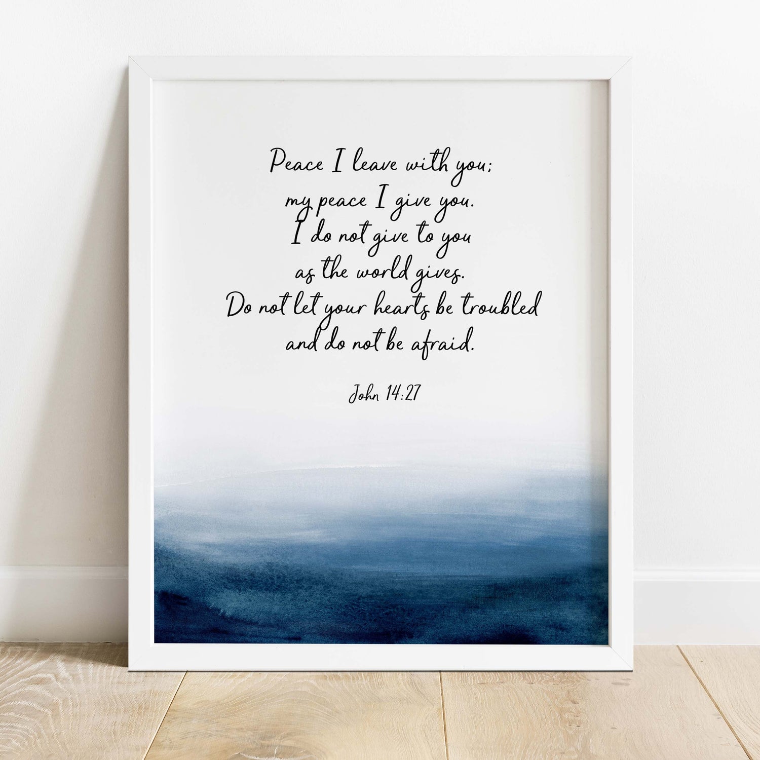 Serene indigo watercolor motif with biblical message, Calming ocean-themed Christian wall decor, Encouraging John 14:27 verse