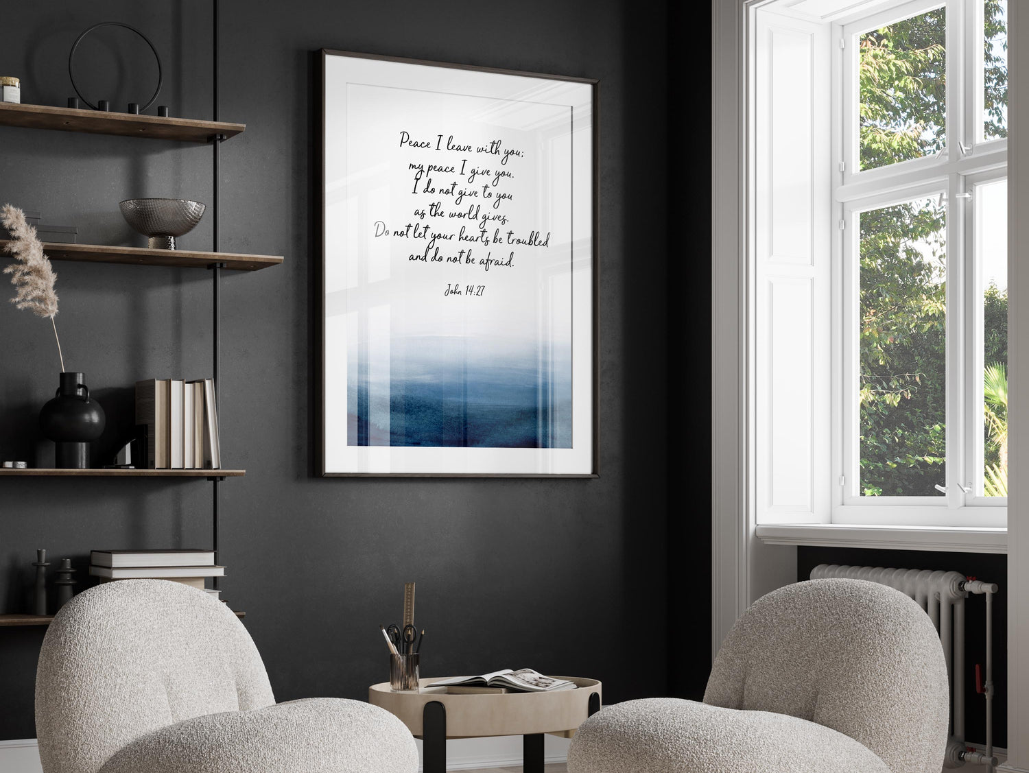 John 14:27 scripture print for peace and serenity, Abstract indigo watercolor motif home decor, Tranquil ocean-themed quote print