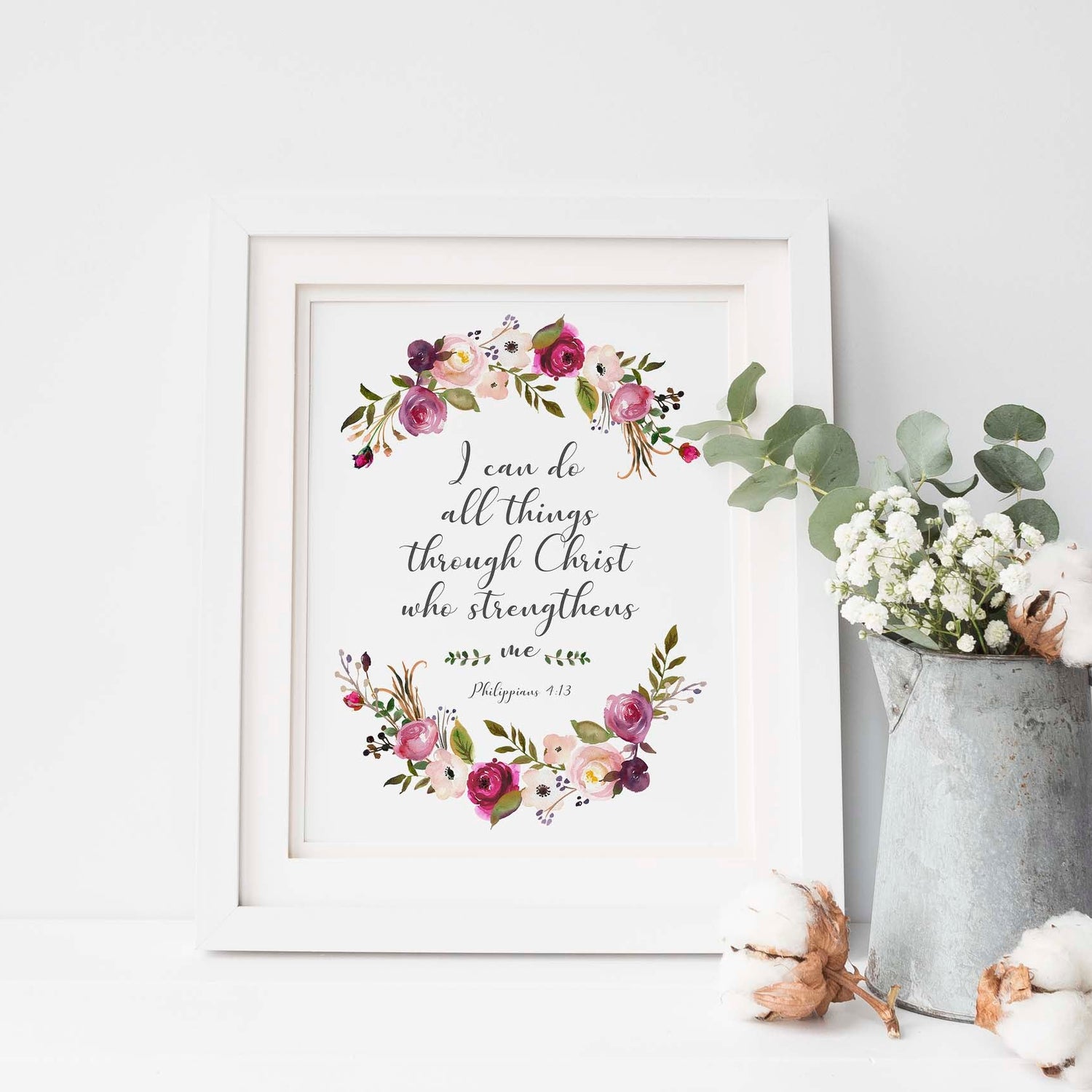 I Can Do All Things Through Christ Wall Art, Philippians 4 13 Poster, philippians 4 13 pictures, Floral Bible Quotes