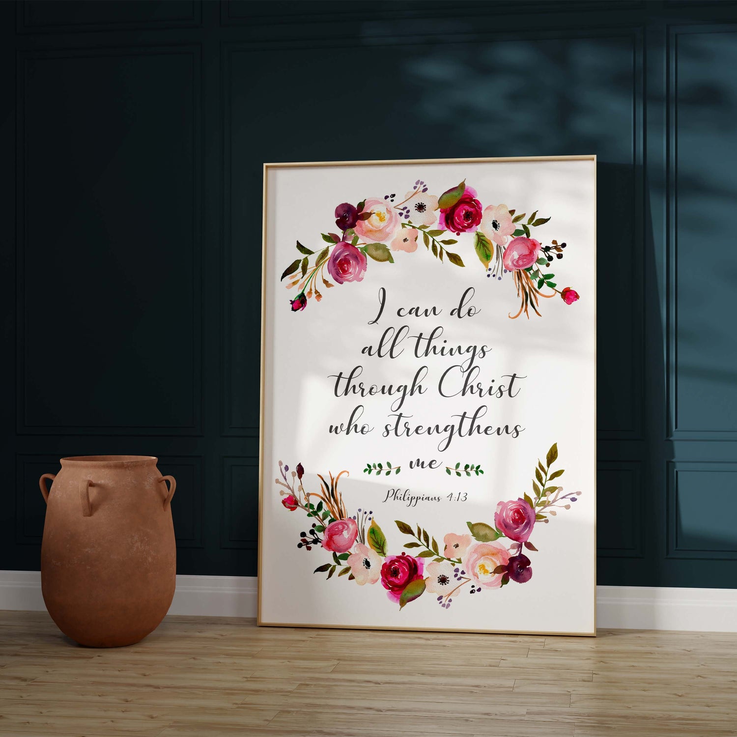 Christian Scripture Art with Floral Design, Pink and Burgundy Floral Bible Quote Print, Flower-Themed Philippians 4:13 Wall Art