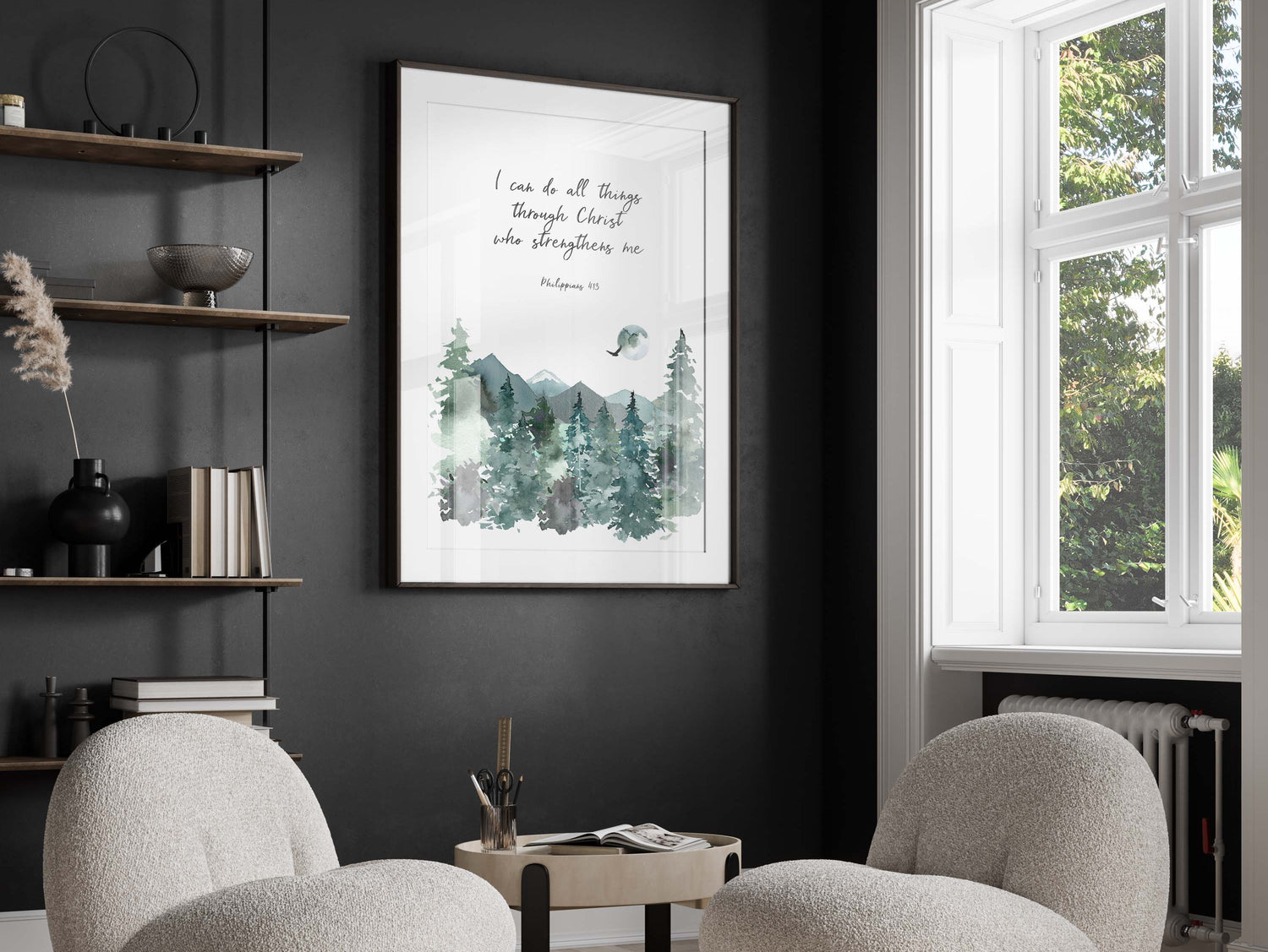 Christian Home Decor Mountain and Scripture Print, Spiritual Wilderness Wall Art Philippians 4:13