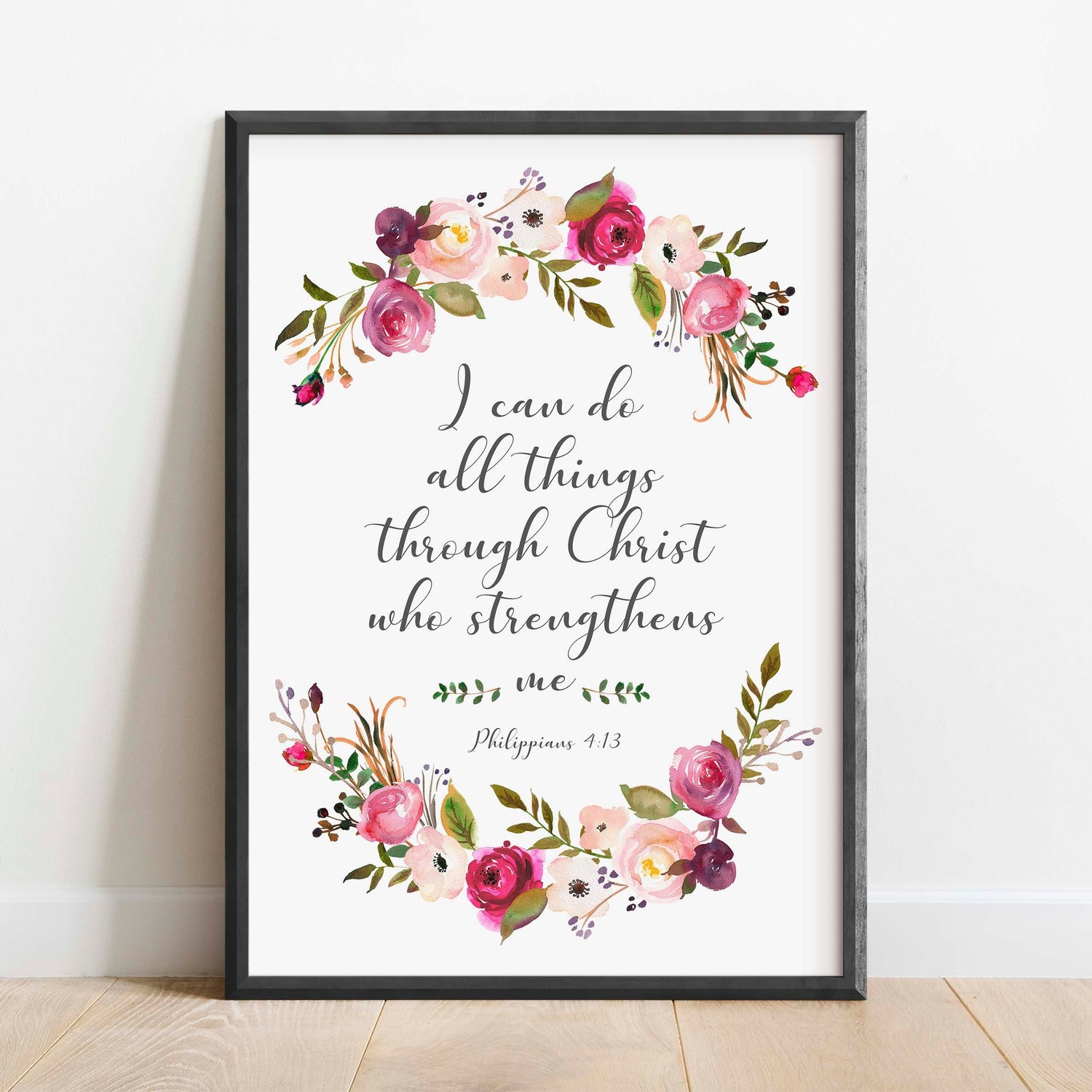 Inspiring Bible Verse Wall Decor with Flowers, Philippians 4:13 Quote in Floral Frame, Christian Faith Artwork with Floral Motif