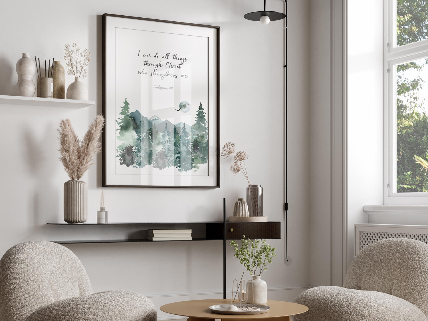 Encouraging Mountain View Bible Verse Wall Print, Nature-Inspired Faith Quote Wall Hanging, Scripture Art with Mountain and Forest