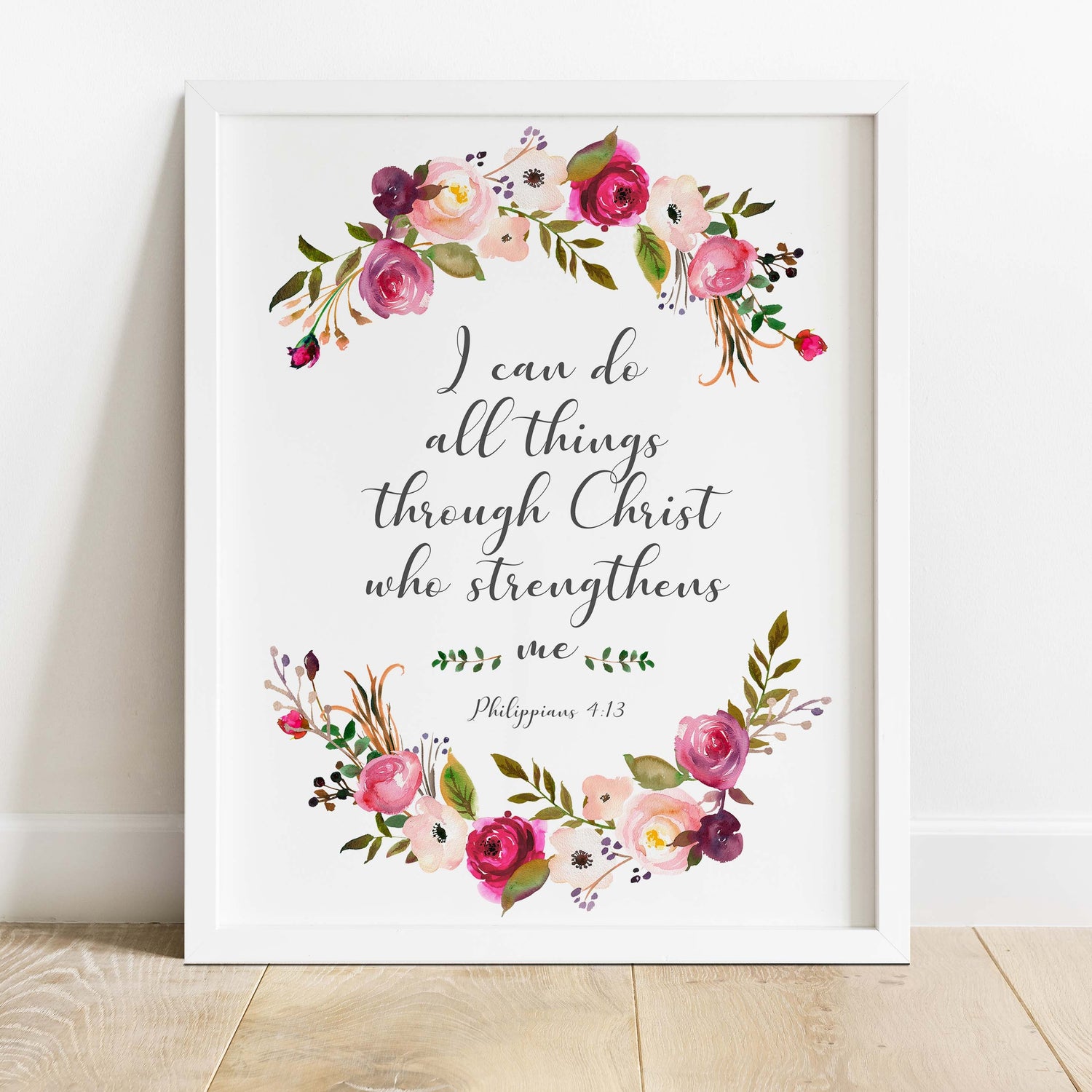 Pink Blossoms Philippians 4:13 Poster, Floral Inspirational Quote Wall Art, Bible Verse Art Print with Pink Florals