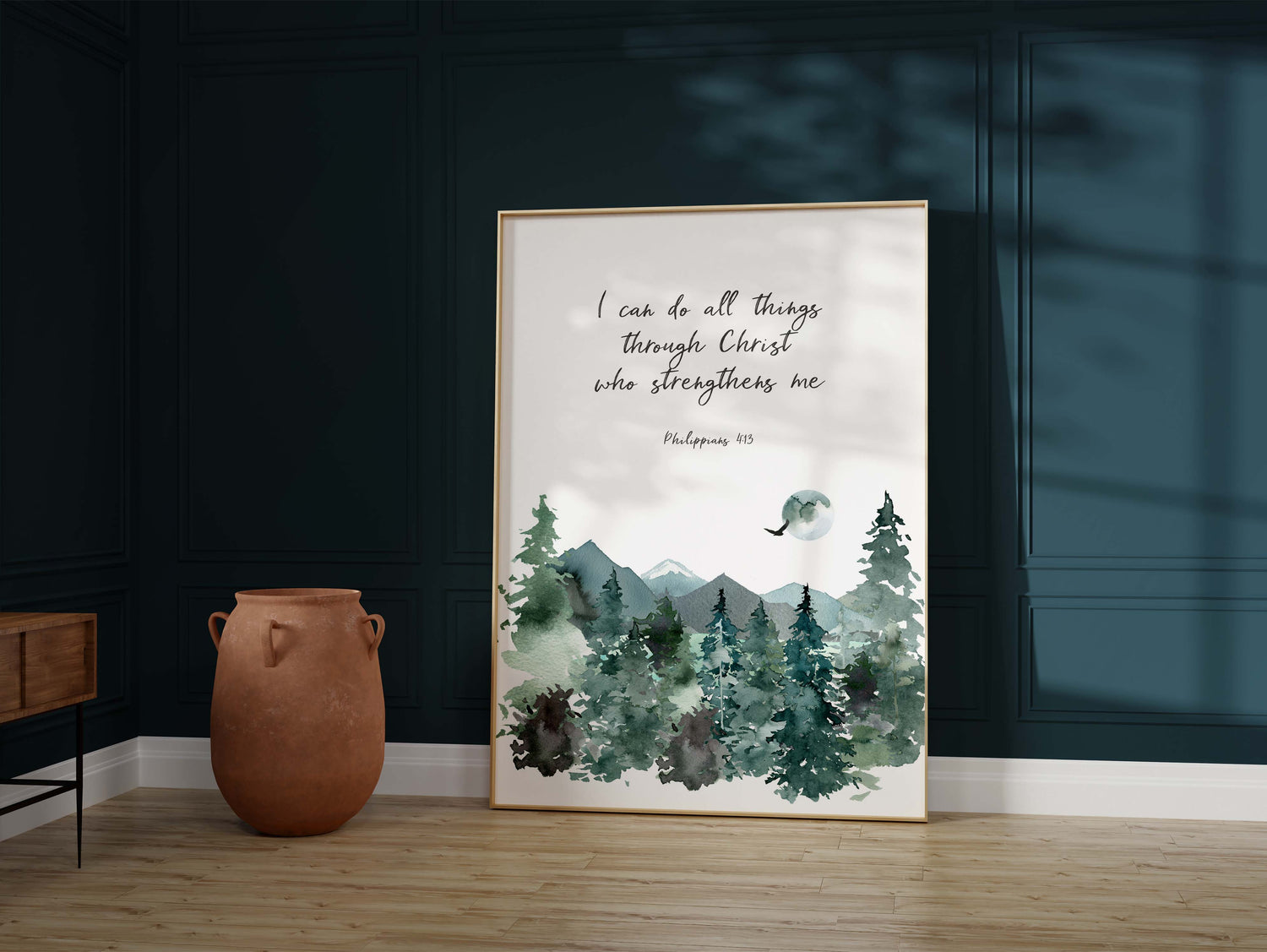 Philippians 4:13 Watercolour Mountain Bible Print, Faith-Fueled Wilderness Landscape Verse Art, Uplifting Scripture Artwork Mountain Theme