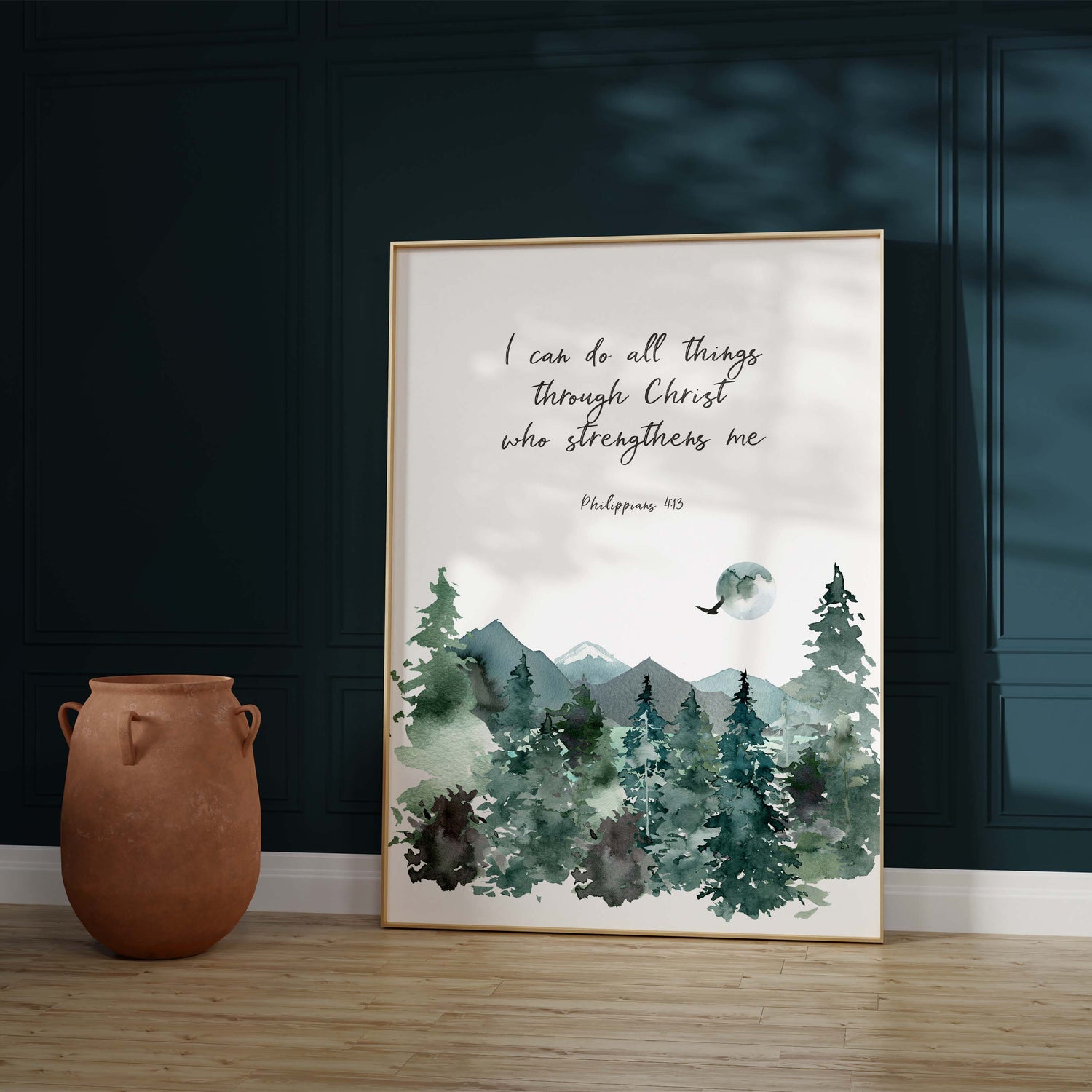 Philippians 4:13 Watercolour Mountain Bible Print, Faith-Fueled Wilderness Landscape Verse Art, Uplifting Scripture Artwork Mountain Theme