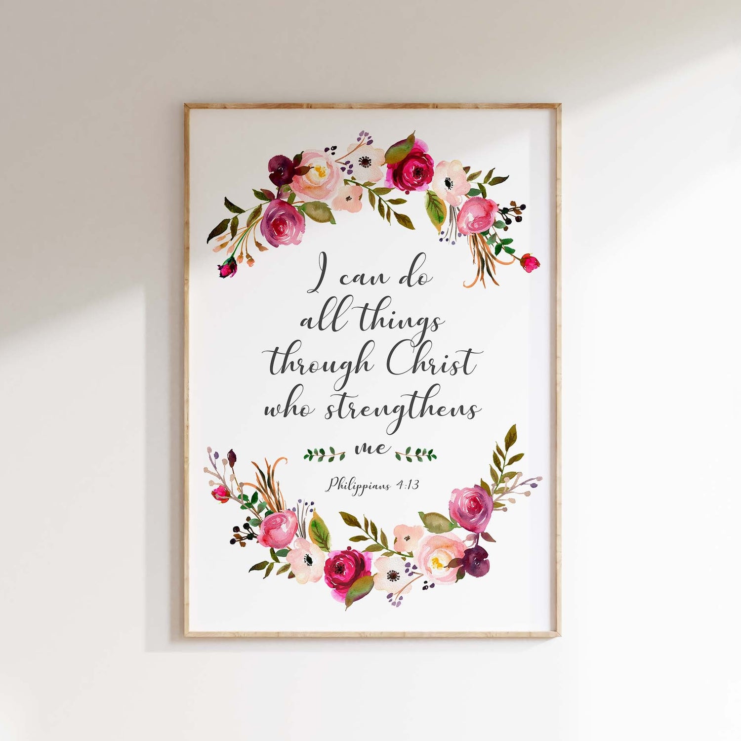 Graceful Flowers and Bible Verse Poster, Faith and Floral Philippians 4:13 Print, Philippians 4:13 Floral Wall Art Print