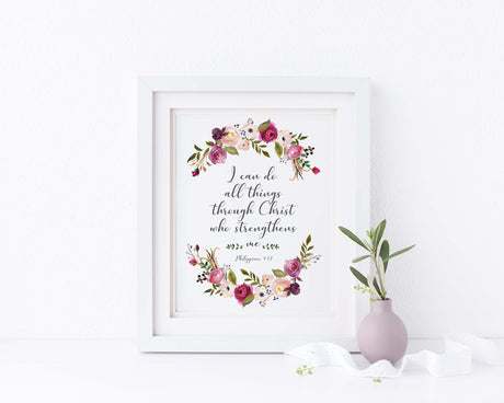philippians 4 wall art, floral bible verse decor, philippians 4 13 pictures, I can do all things Scripture Wall Art