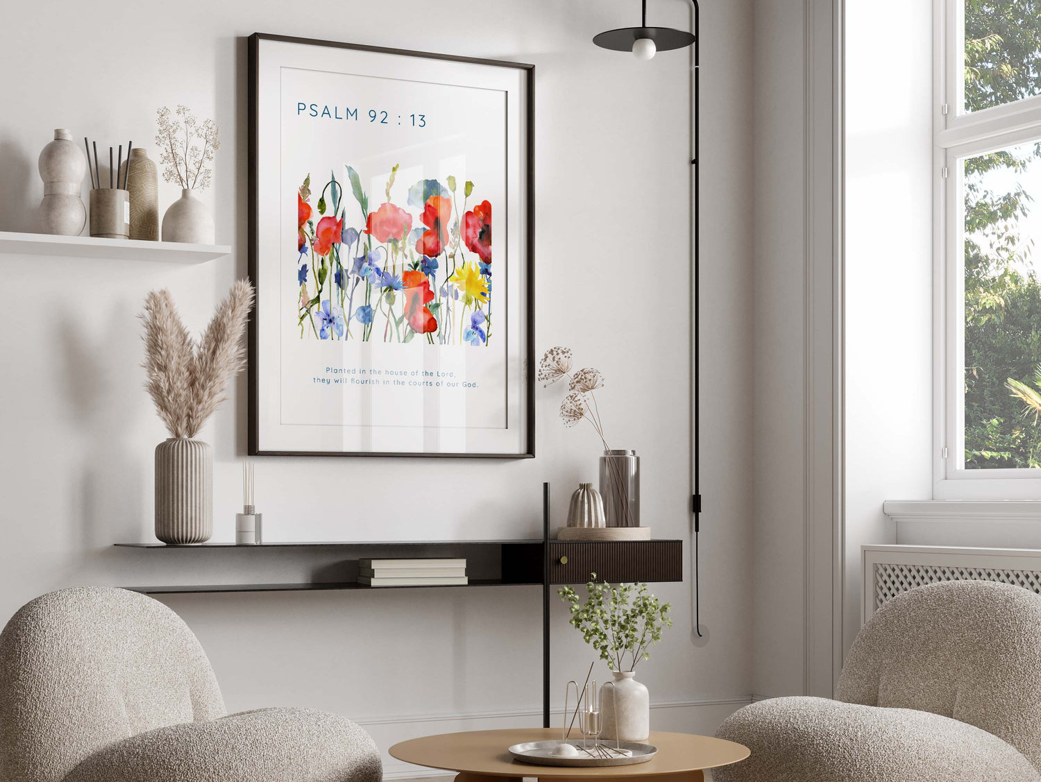 Floral Bible verse print Psalm 92:13, Christian wall art with Psalm 92:13 quote, Flourish in the courts of our God print