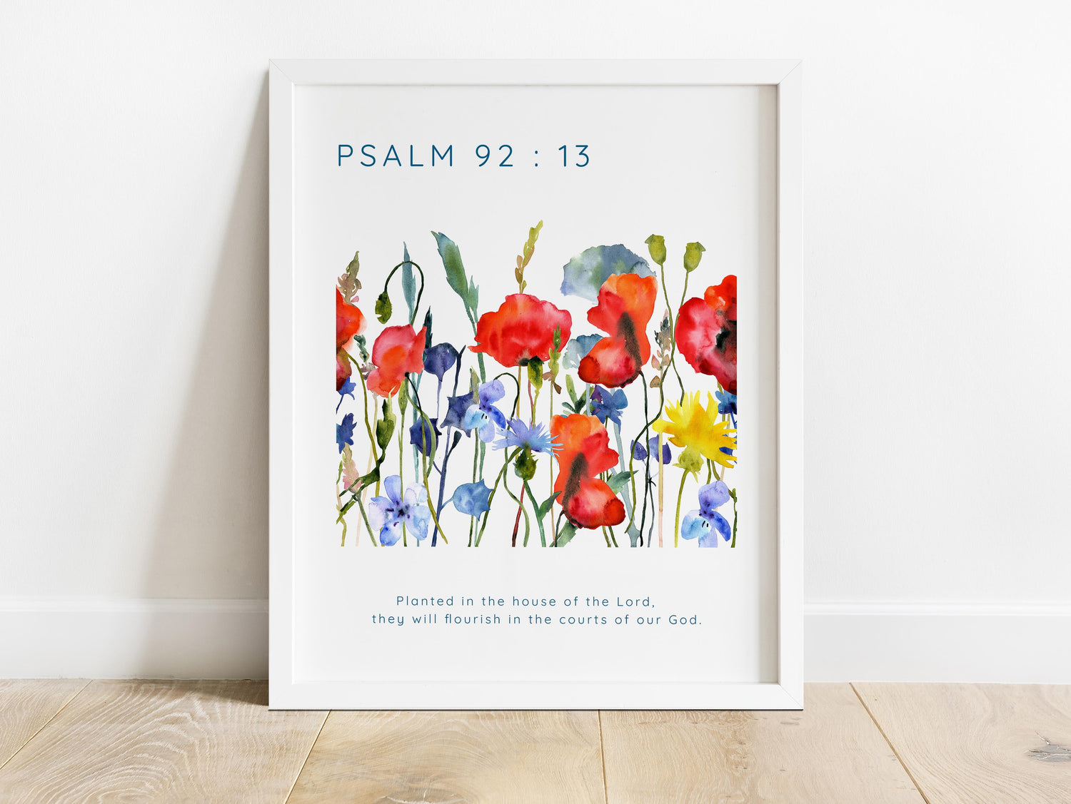 Wildflower watercolor print with Bible verse, Inspirational Scripture art with poppies and cornflowers, Psalm 92:13 art for Christians