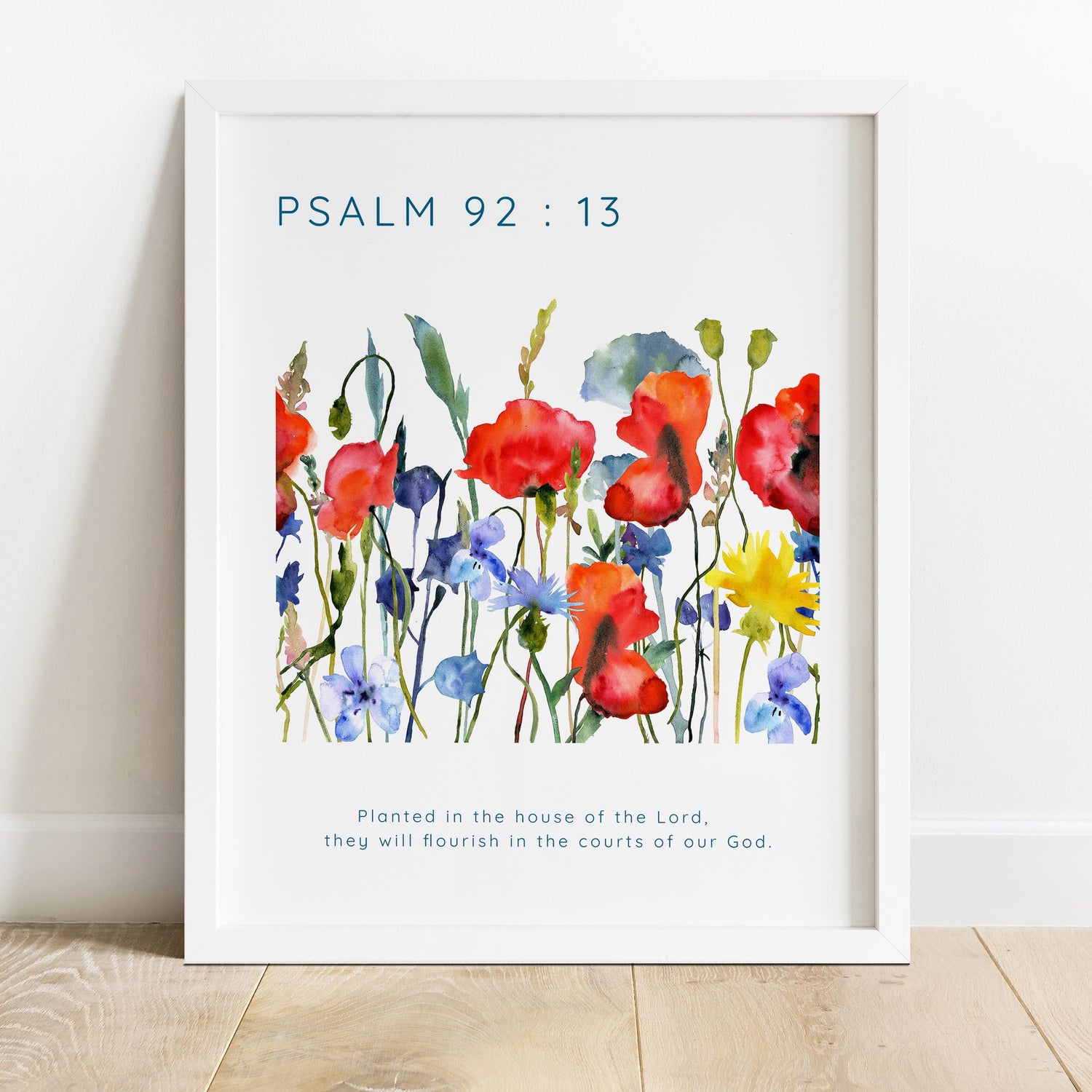 Wildflower watercolor print with Bible verse, Inspirational Scripture art with poppies and cornflowers, Psalm 92:13 art for Christians