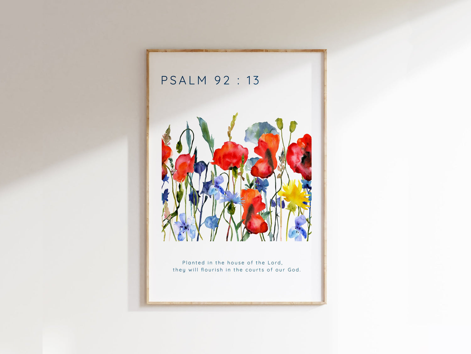 Spiritual decor with Bible verse Psalm 92:13, Encouraging Bible verse print with wildflowers, Flourishing in God's courts watercolour