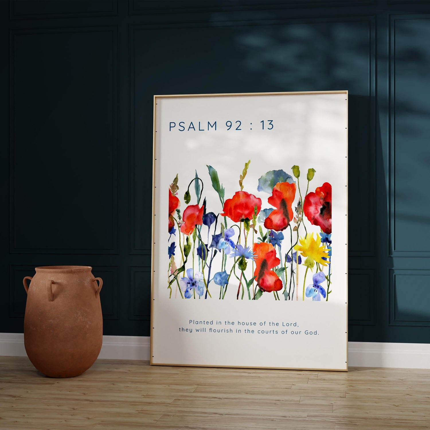 Minimalist Bible verse art with watercolor flowers, Christian home decor with watercolor poppies and cornflowers