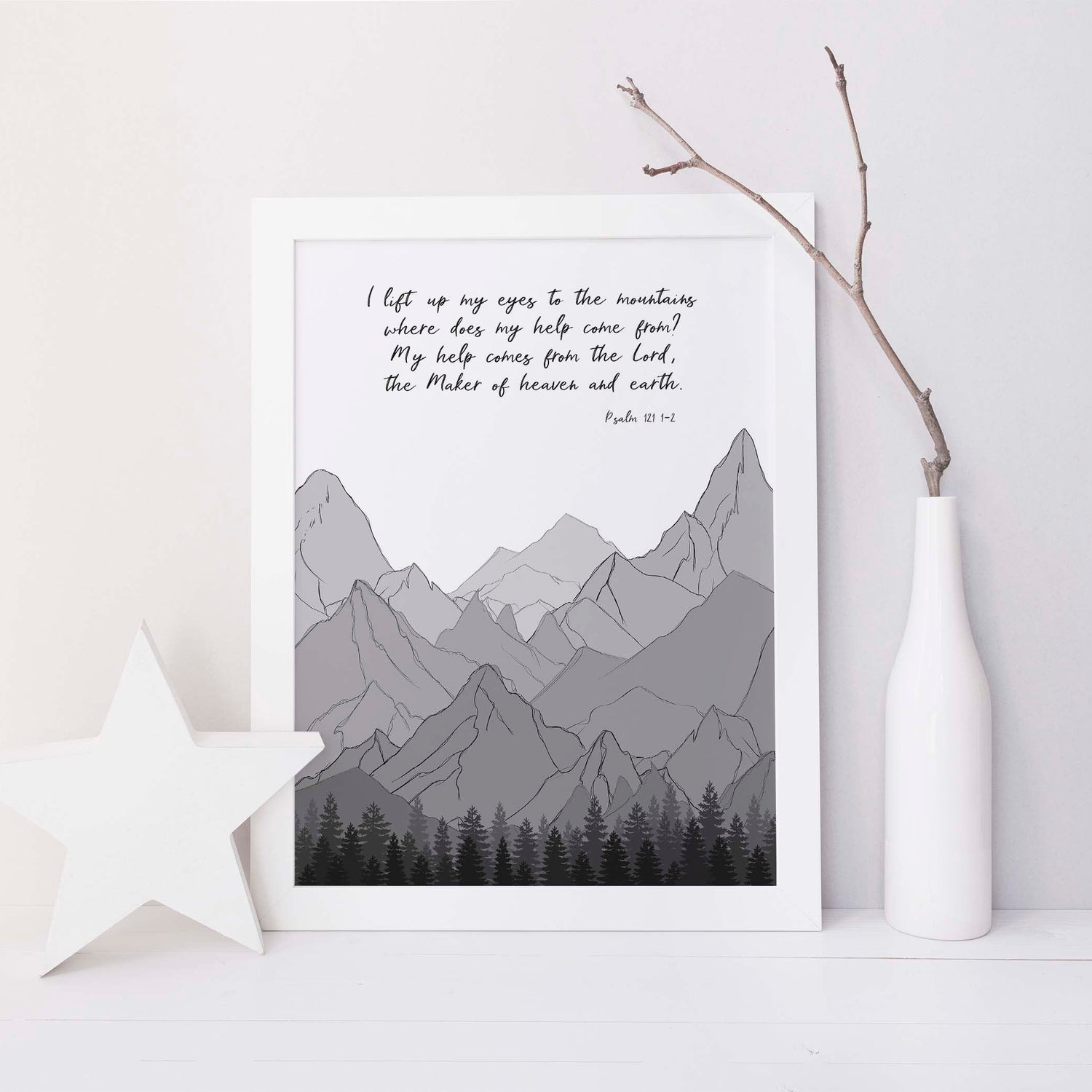 Christian Artwork Gift, Christian Posters, Scripture Art Print, Psalm 121 Print, Mountains Wall Art Bible Verse Quote
