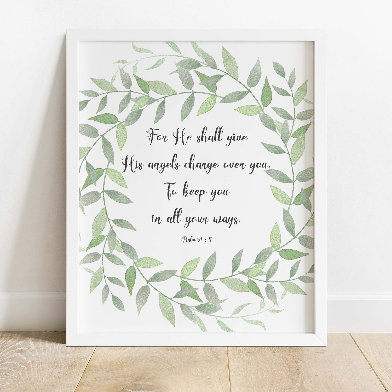 Psalm 91 Wall Decor with Angelic Protection Quote, botanical Green Leaf Wreath Print with Psalm 91:11 Verse