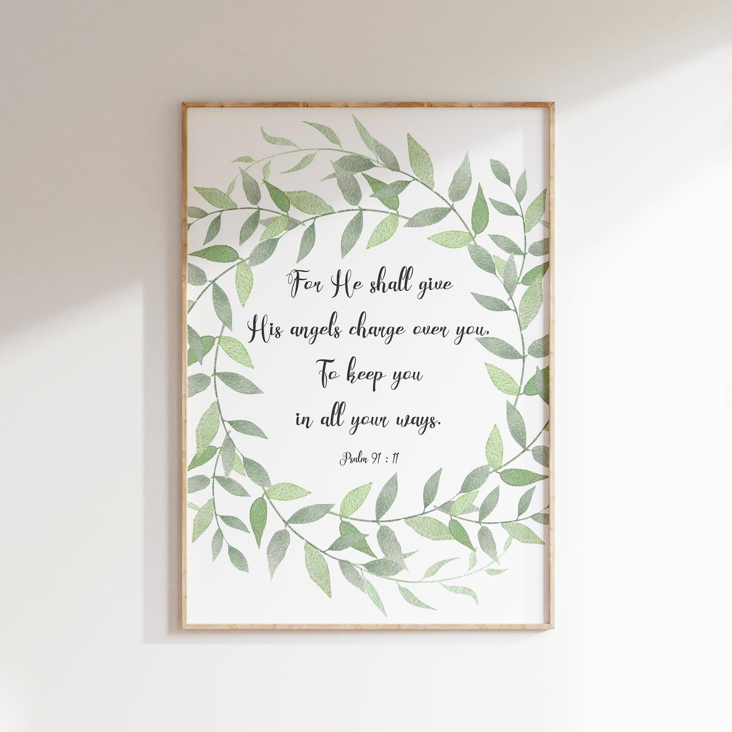 Botanical Christian Wall Art with "He shall give His angels charge over you", Psalm 91:11 Bible Verse Print for Home Decoration