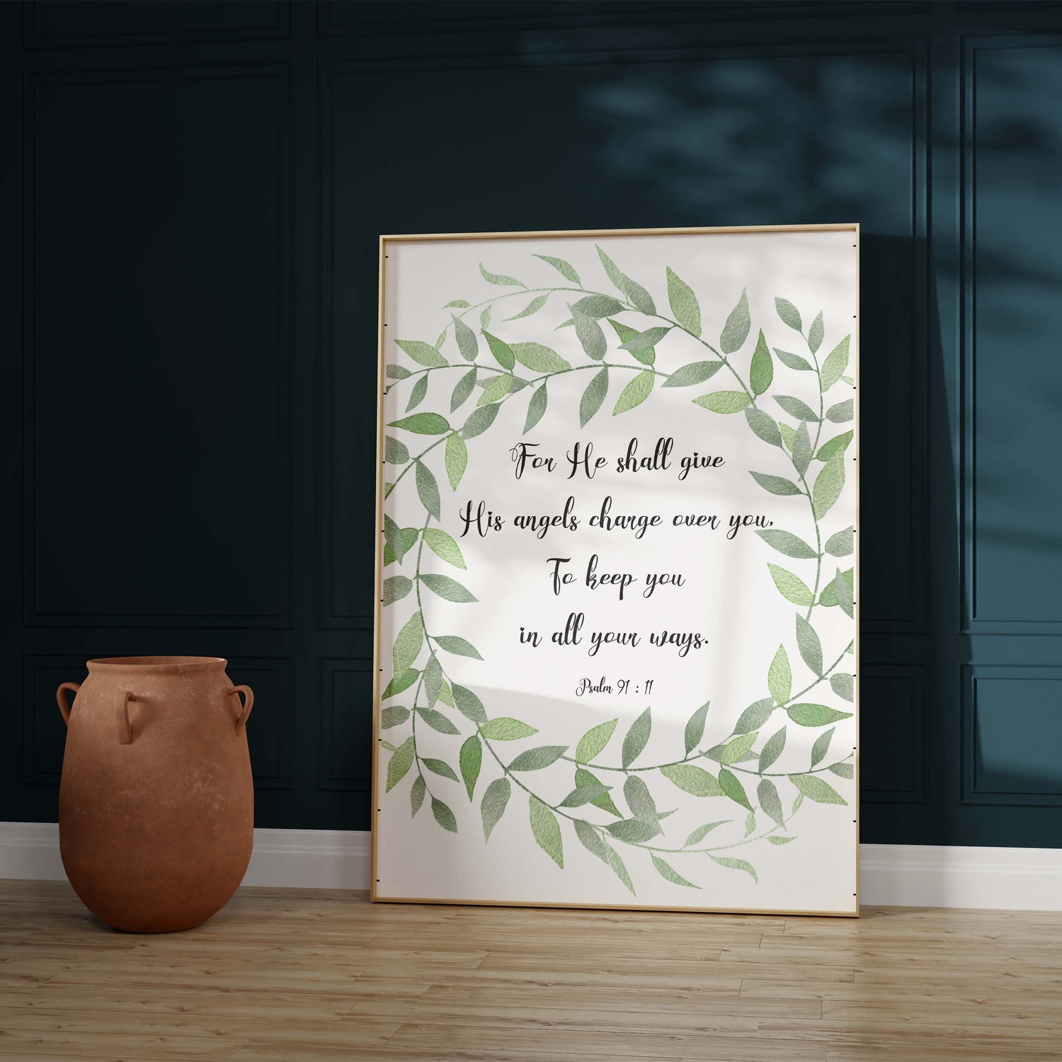 Psalm 91 Wall Decor with Angelic Protection Quote, botanical Green Leaf Wreath Print with Psalm 91:11 Verse