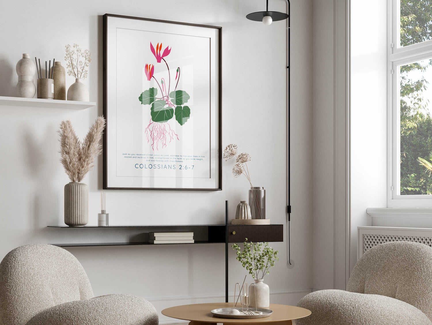 Inspirational Bible verse, "Rooted and built up in him," Colossians 2:6-7 quote, Faith-based art, Christian gift