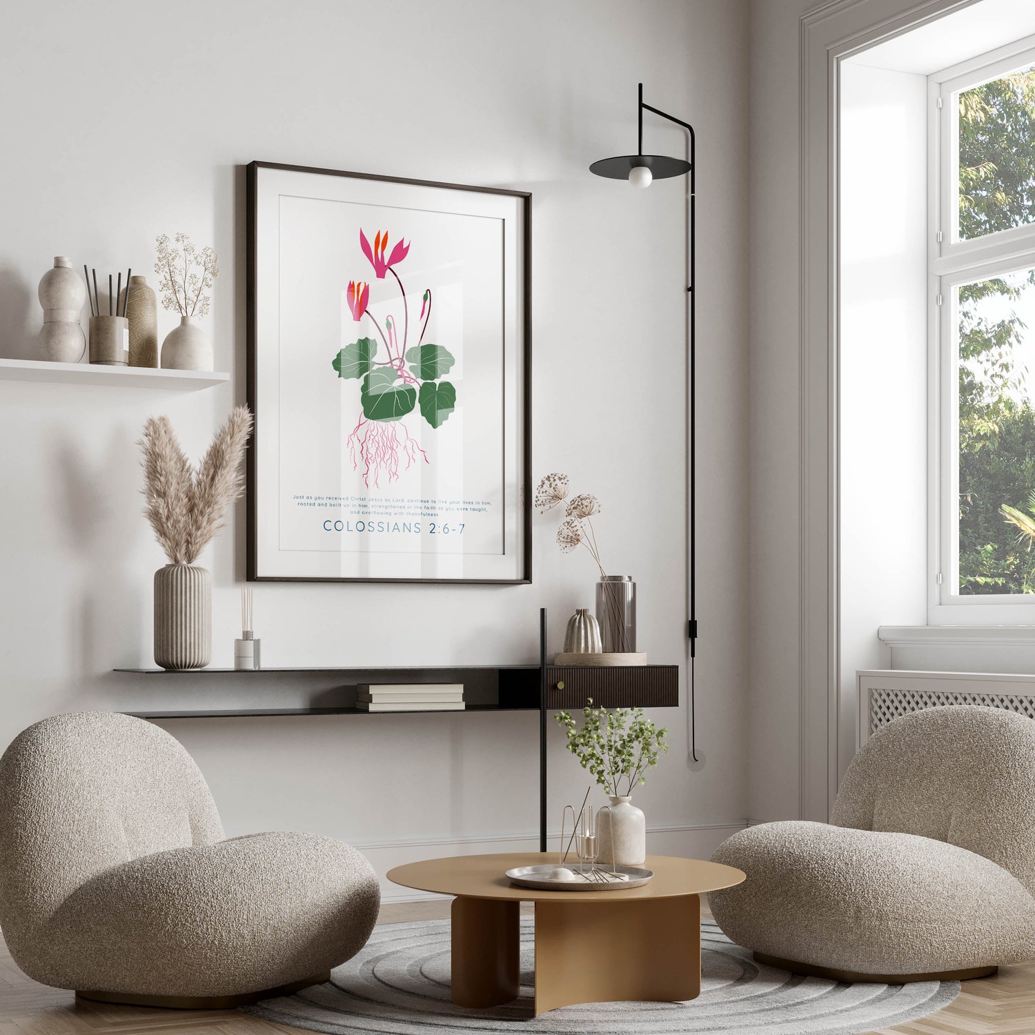 Inspirational Bible verse, "Rooted and built up in him," Colossians 2:6-7 quote, Faith-based art, Christian gift