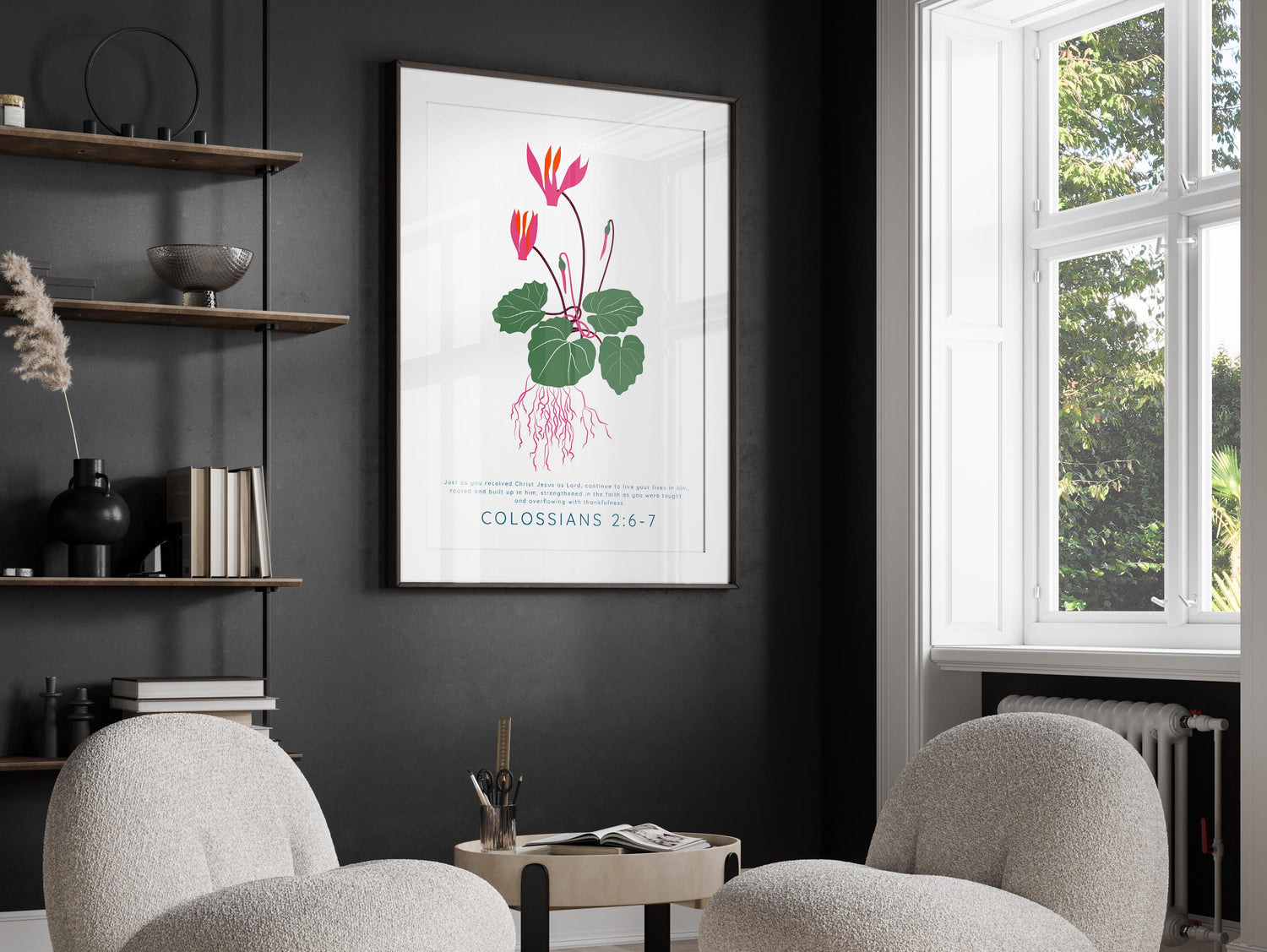"Colossians 2:6-7 Wall Art," Floral print with Bible quote, "Just as you received Christ Jesus as Lord," Christian decor