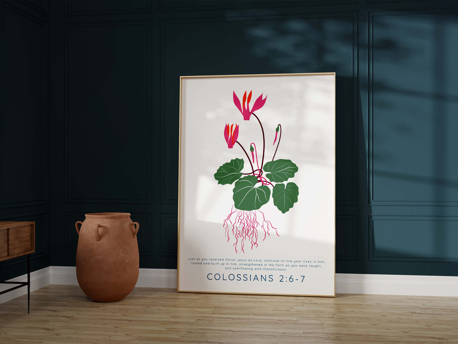 Modern floral Christian art, "Continue to live your lives in him," Scripture wall decor, Inspirational faith print