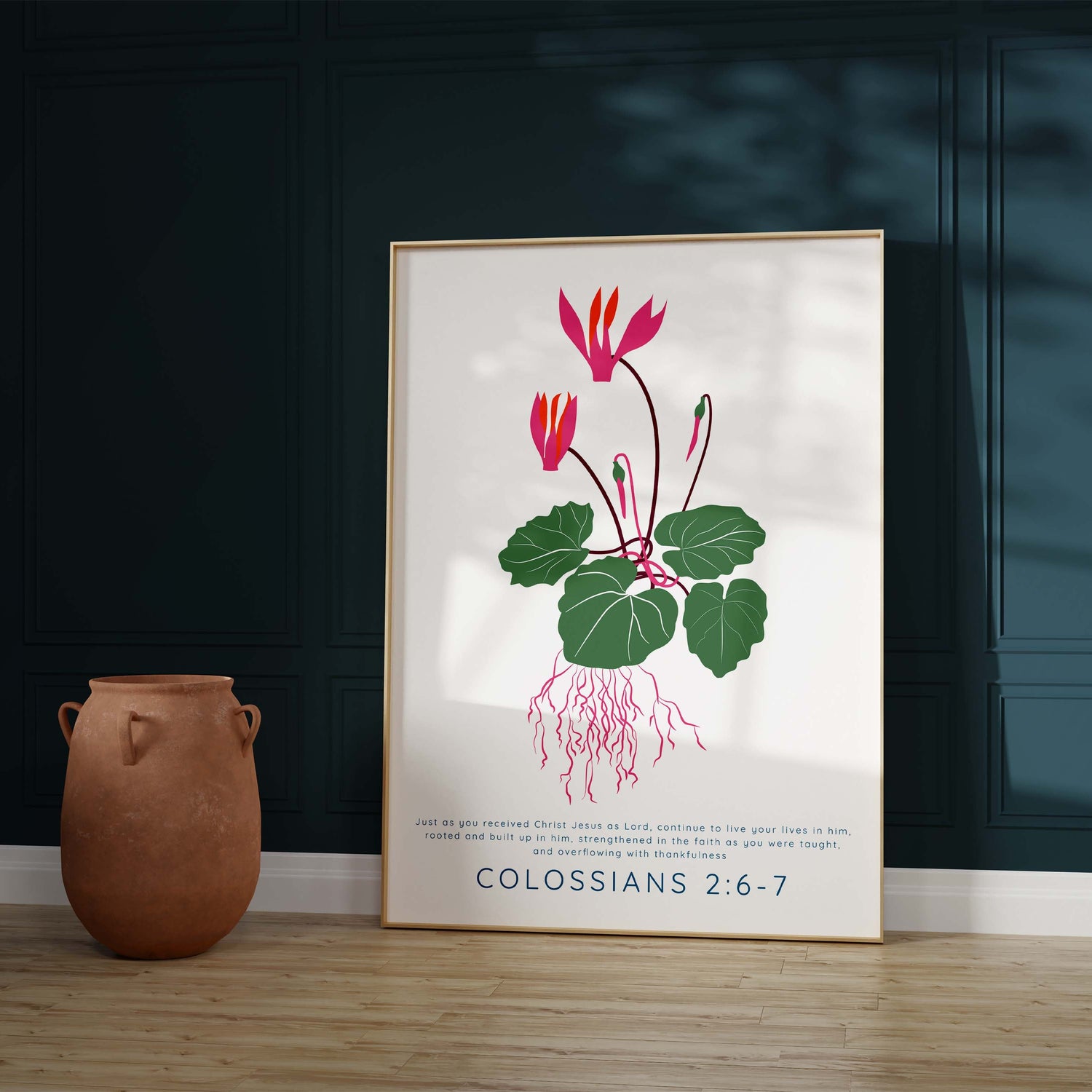 Modern floral Christian art, "Continue to live your lives in him," Scripture wall decor, Inspirational faith print