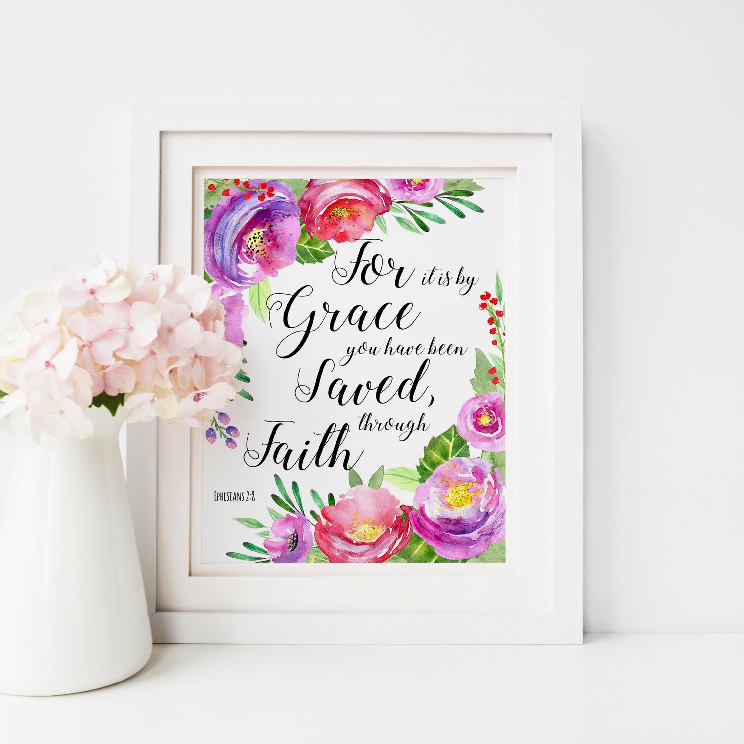 For It Is By Grace You Have Been Saved Wall Art, Ephesians 2 8 Print, Ephesians 2:8 pink floral wall art