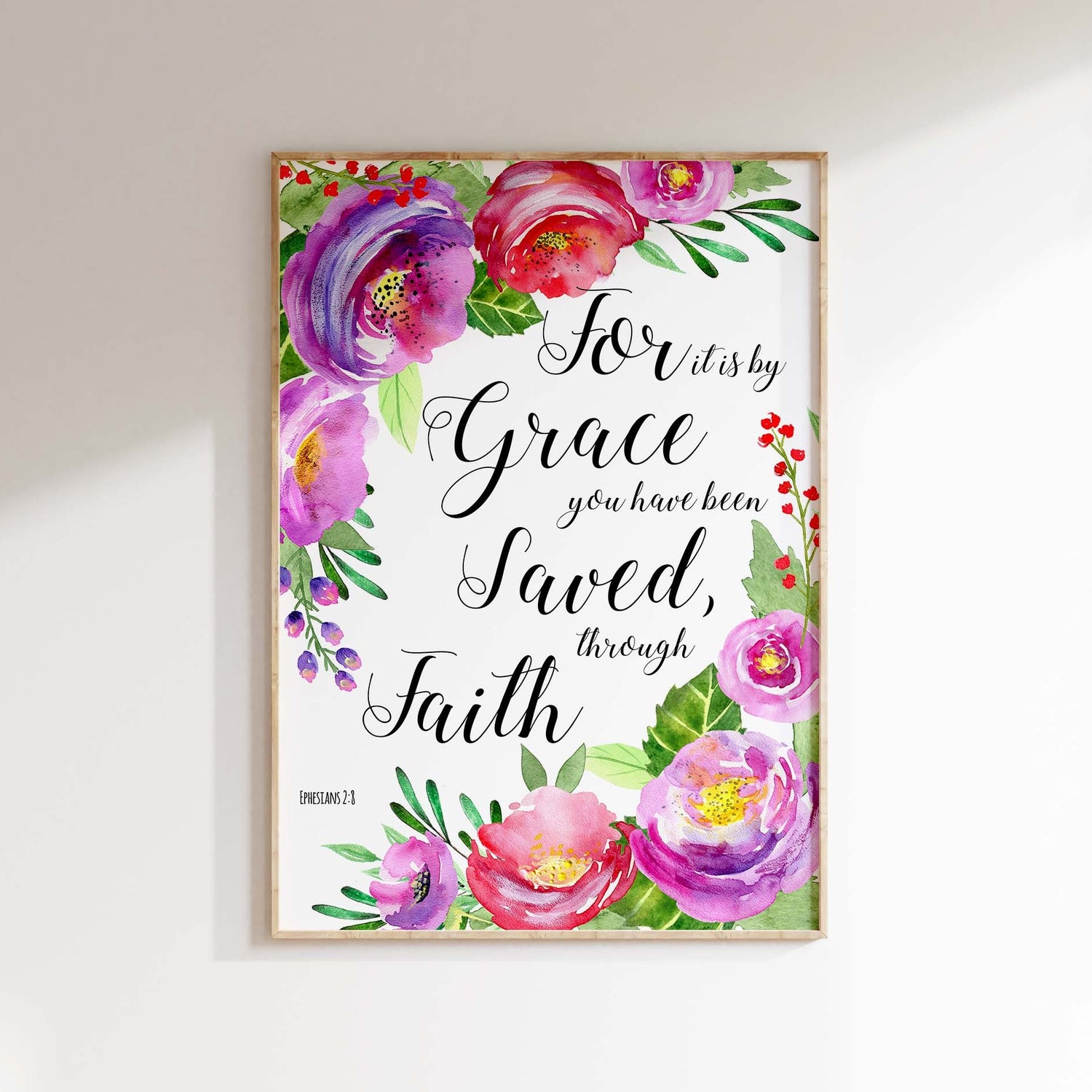 Grace and faith Bible verse print, Religious home decor with Bible quote, Christian wall art with Ephesians 2:8