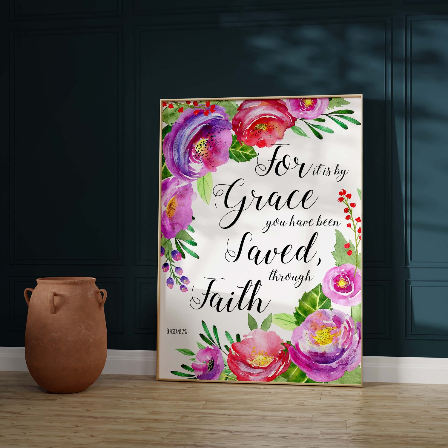 Grace you have been saved verse in pink, Faith-inspired floral Bible print, Elegant pink grace and faith wall decor