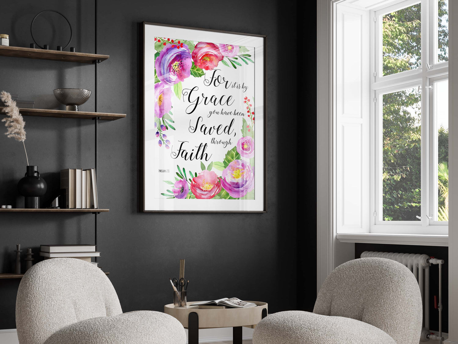 Christian gift with Ephesians 2:8, Bible verse art for spiritual spaces, Pink floral inspirational quote print