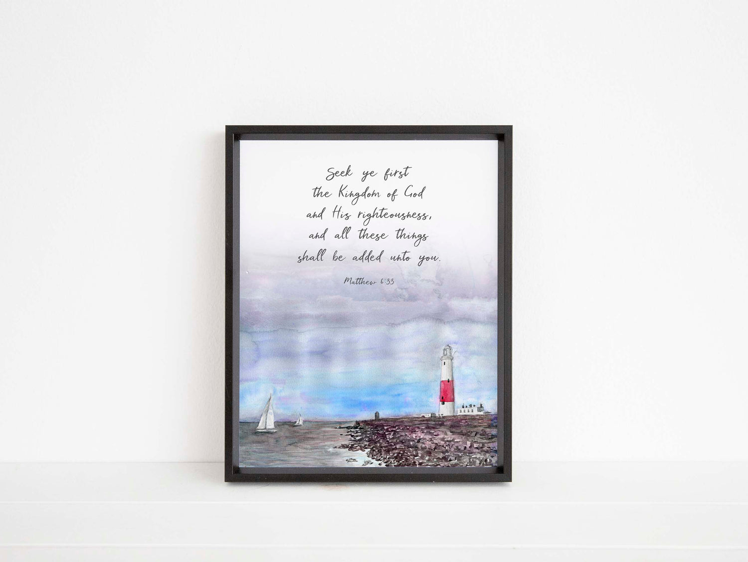 Seek Ye First The Kingdom of God Wall Art, Matthew 6 33 Picture, Lighthouse Print, Scripture Watercolor Painting 