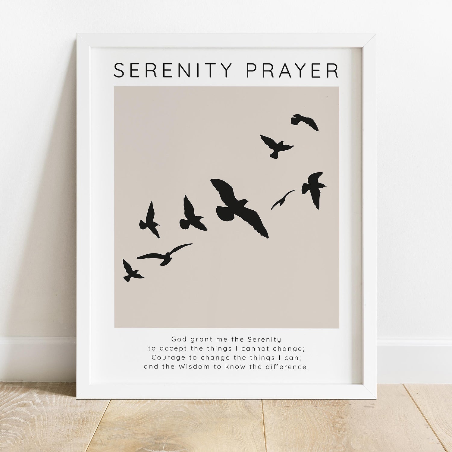 Elegant Beige Serenity Quote Art, Serenity Prayer Birds Print, Tranquil Serenity Prayer Wall Decor, sobriety gift for men