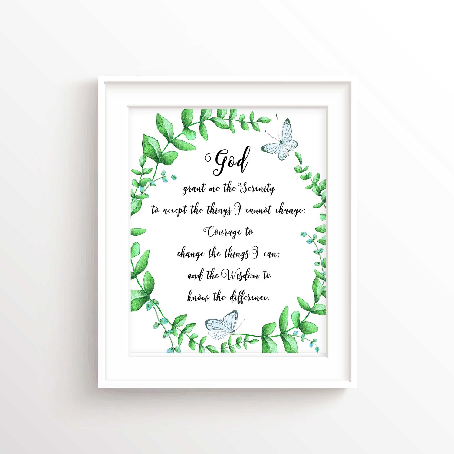 White Background Serenity Prayer Print surrounded by leaf wreath and blue butterflies Serenity prayer quote art for home office decoration